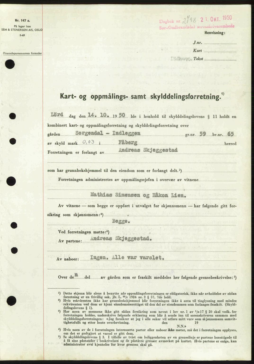 Sør-Gudbrandsdal tingrett, SAH/TING-004/H/Hb/Hbd/L0029: Pantebok nr. A29, 1950-1950, Dagboknr: 2798/1950