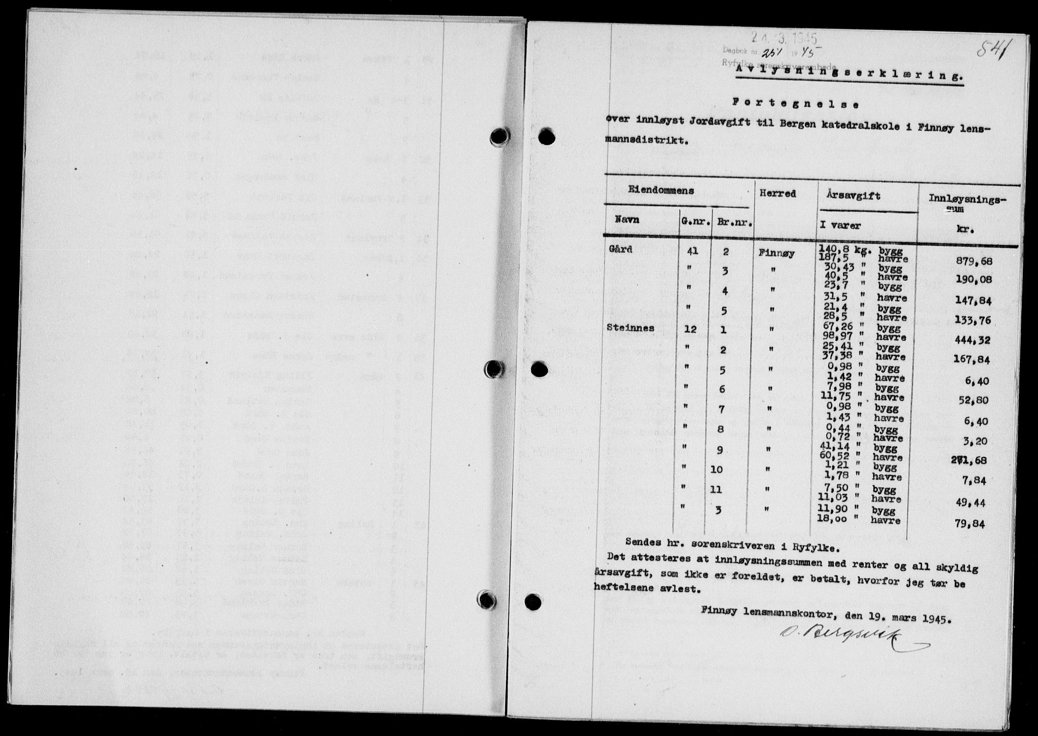 Ryfylke tingrett, SAST/A-100055/001/II/IIB/L0090: Pantebok nr. 69, 1943-1945, Dagboknr: 251/1945