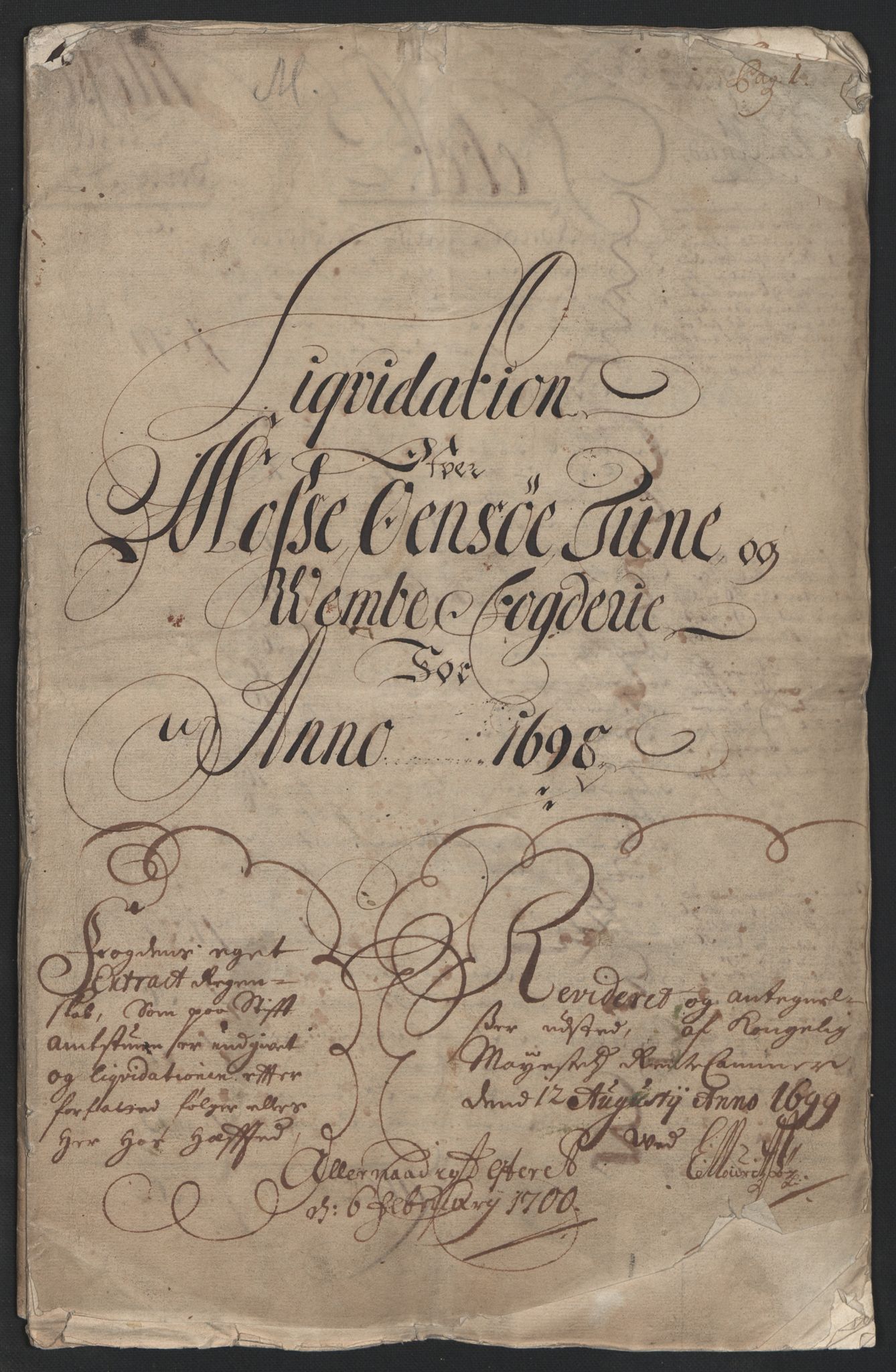 Rentekammeret inntil 1814, Reviderte regnskaper, Fogderegnskap, RA/EA-4092/R04/L0126: Fogderegnskap Moss, Onsøy, Tune, Veme og Åbygge, 1698, s. 2