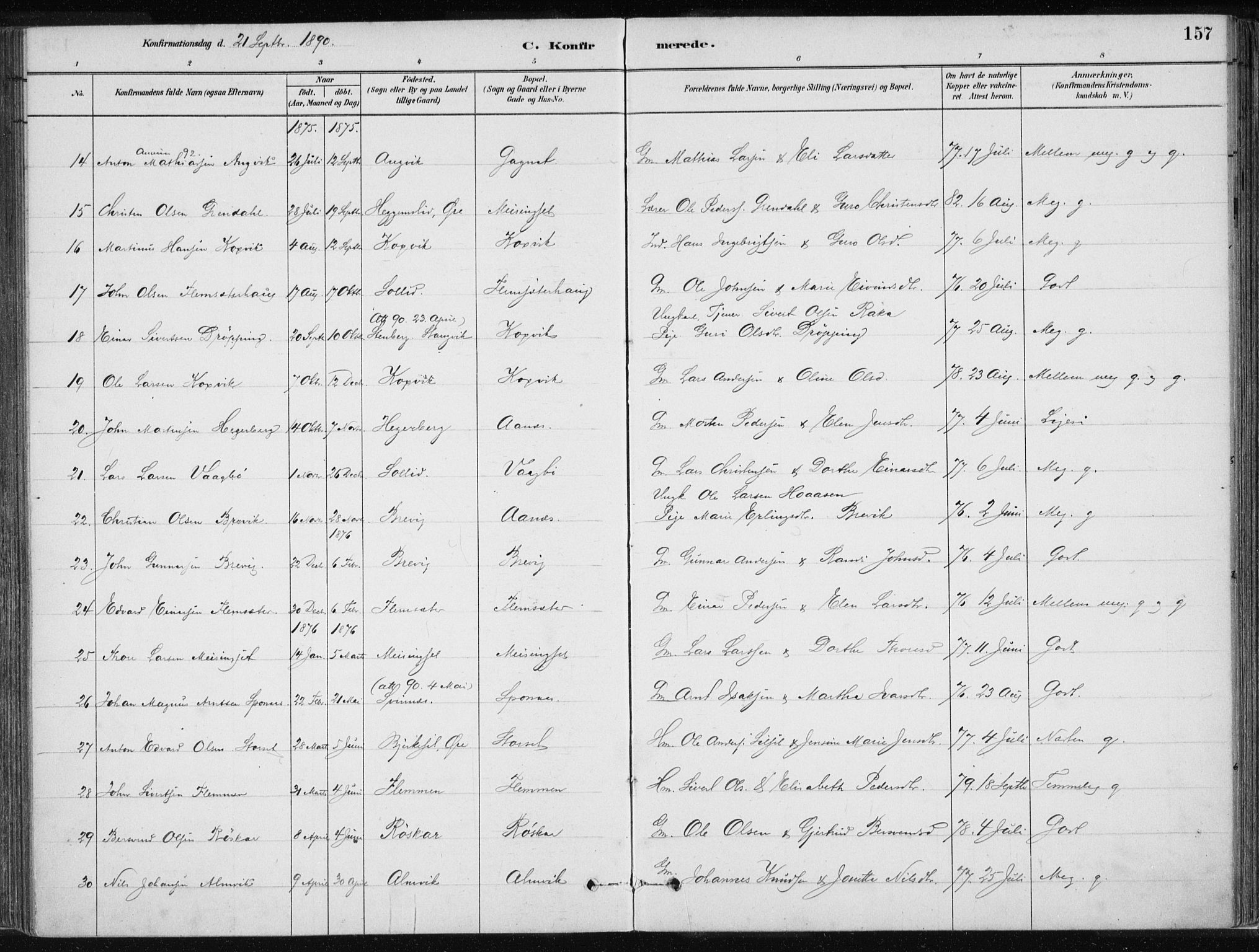 Ministerialprotokoller, klokkerbøker og fødselsregistre - Møre og Romsdal, AV/SAT-A-1454/586/L0987: Ministerialbok nr. 586A13, 1879-1892, s. 157