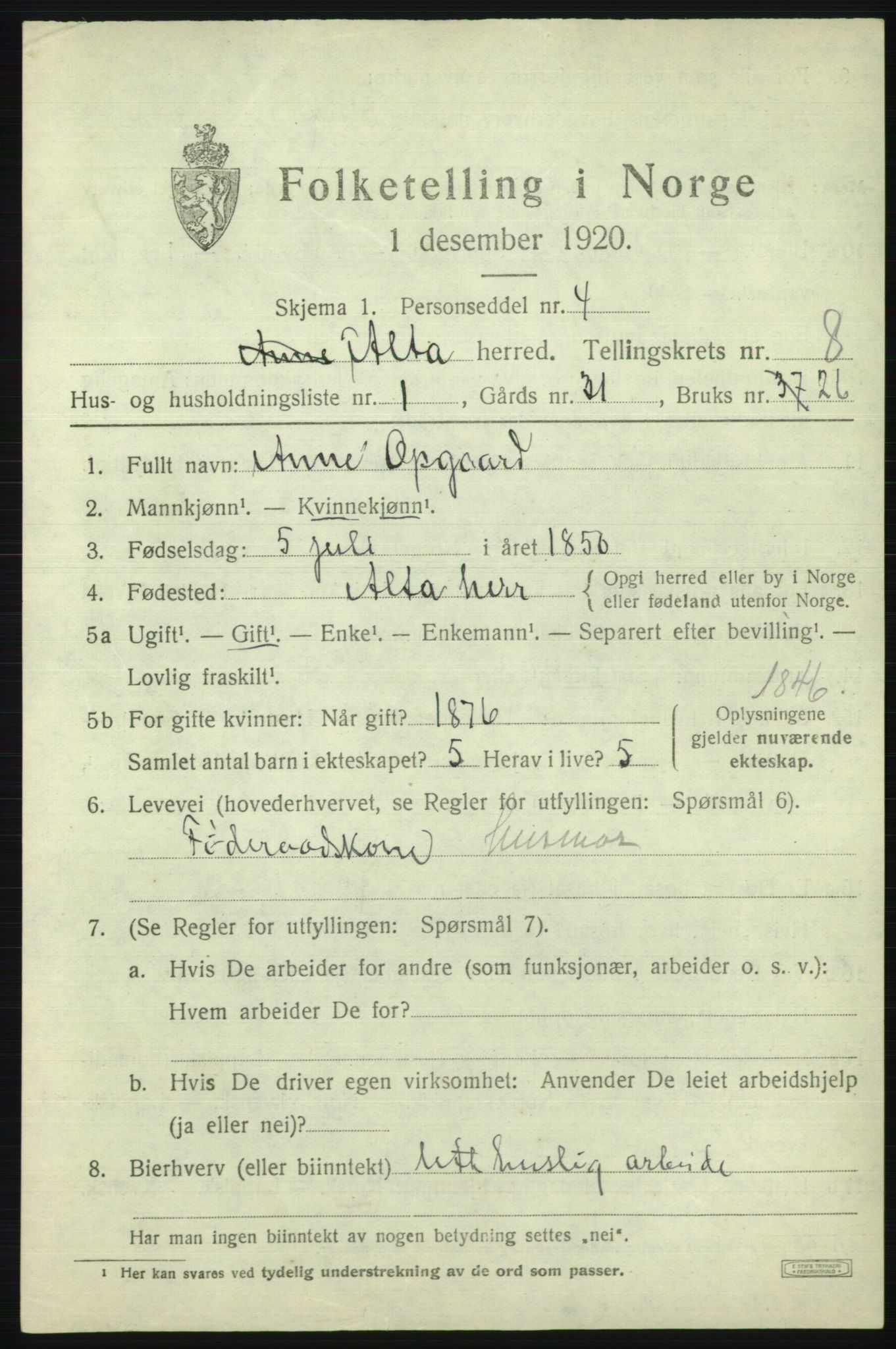 SATØ, Folketelling 1920 for 2012 Alta herred, 1920, s. 6053