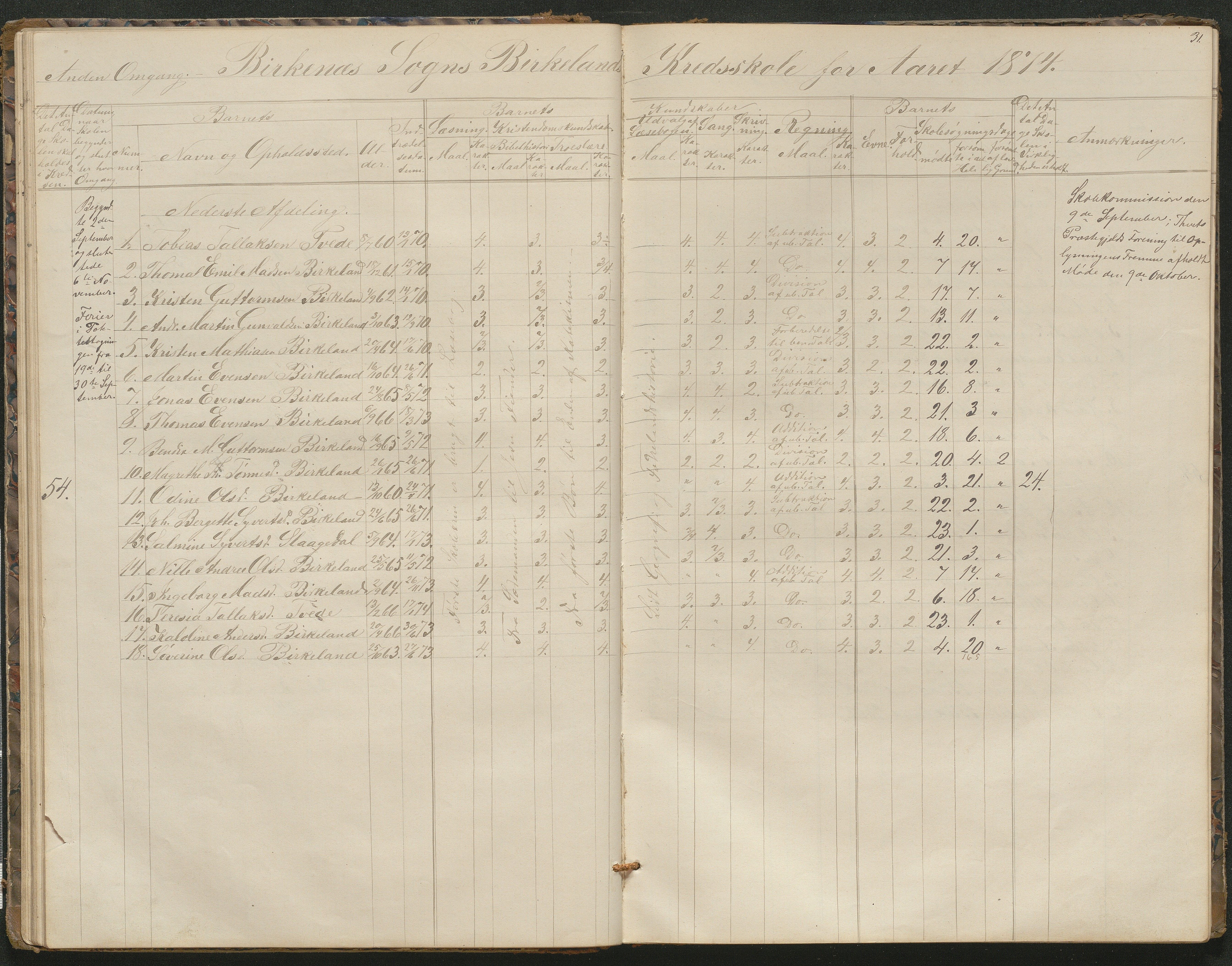 Birkenes kommune, Birkenes krets/Birkeland folkeskole frem til 1991, AAKS/KA0928-550a_91/F02/L0001: Skoleprotokoll, 1862-1896, s. 31