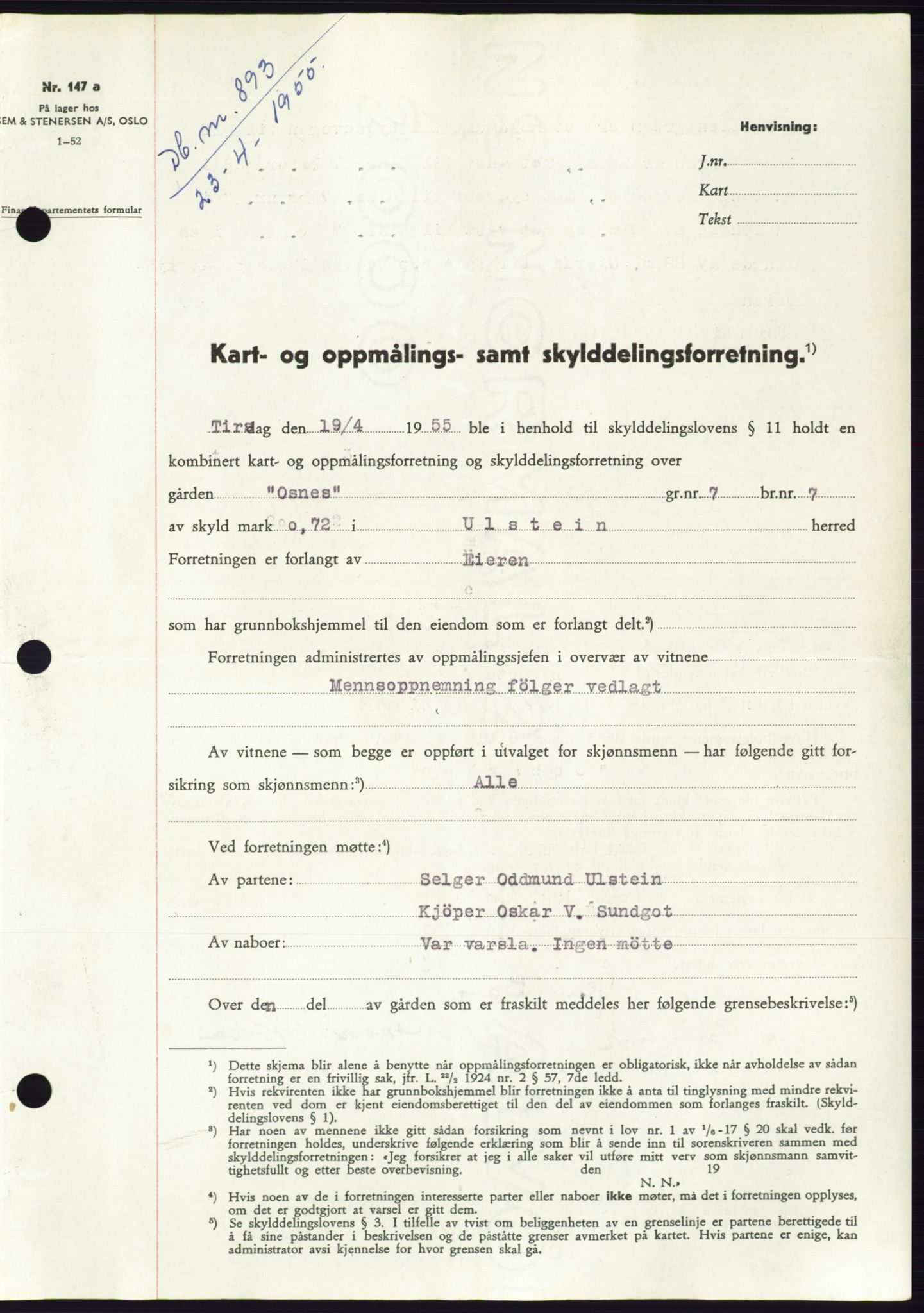 Søre Sunnmøre sorenskriveri, SAT/A-4122/1/2/2C/L0100: Pantebok nr. 26A, 1954-1955, Dagboknr: 893/1955