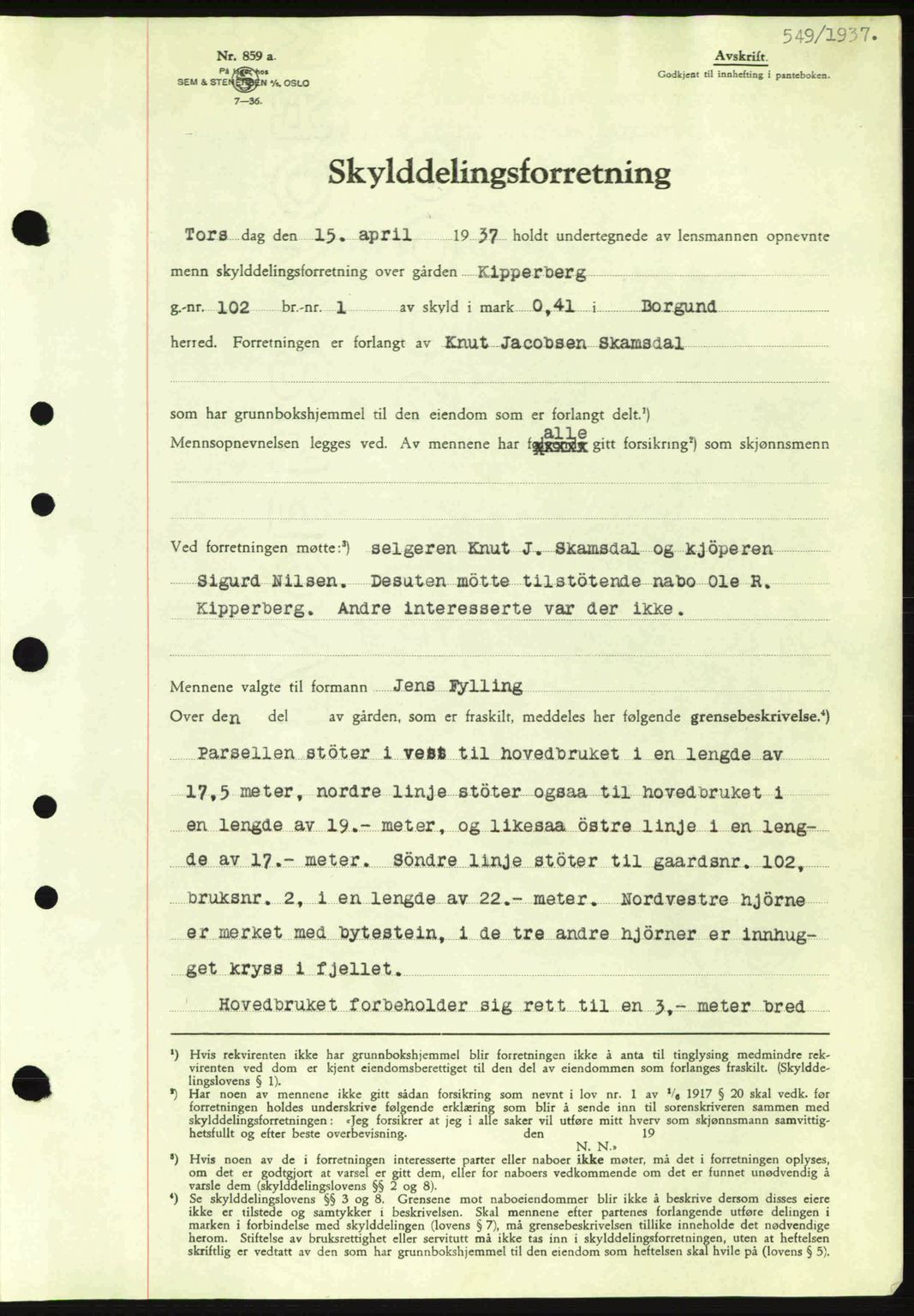 Nordre Sunnmøre sorenskriveri, SAT/A-0006/1/2/2C/2Ca: Pantebok nr. A2, 1936-1937, Dagboknr: 549/1937