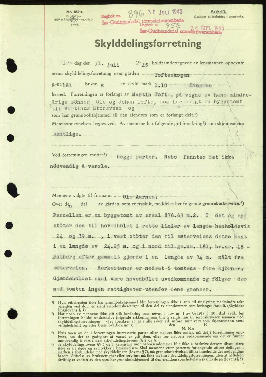 Sør-Gudbrandsdal tingrett, SAH/TING-004/H/Hb/Hbd/L0014: Pantebok nr. A14, 1944-1945, Dagboknr: 953/1945