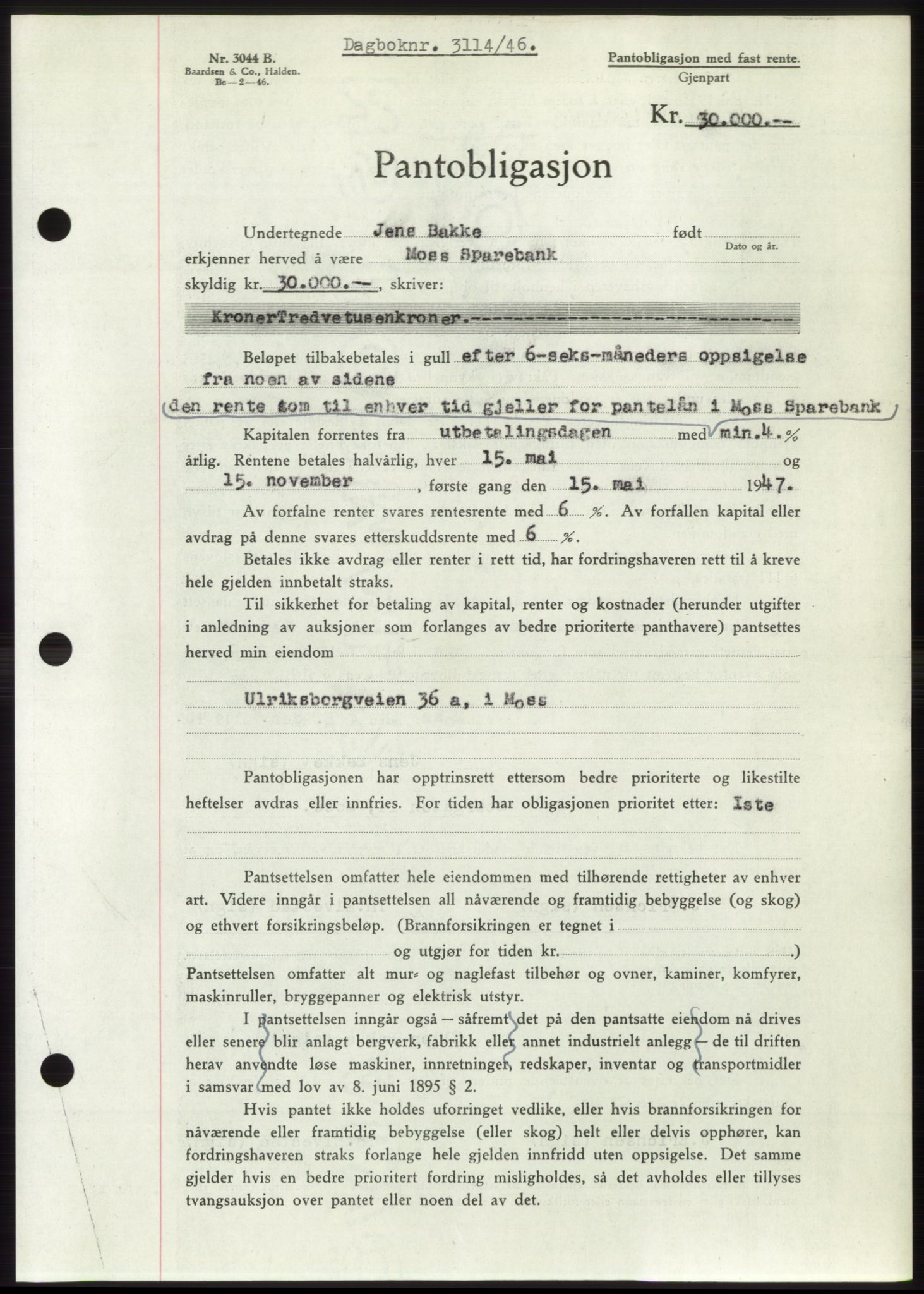 Moss sorenskriveri, SAO/A-10168: Pantebok nr. B16, 1946-1947, Dagboknr: 3114/1946
