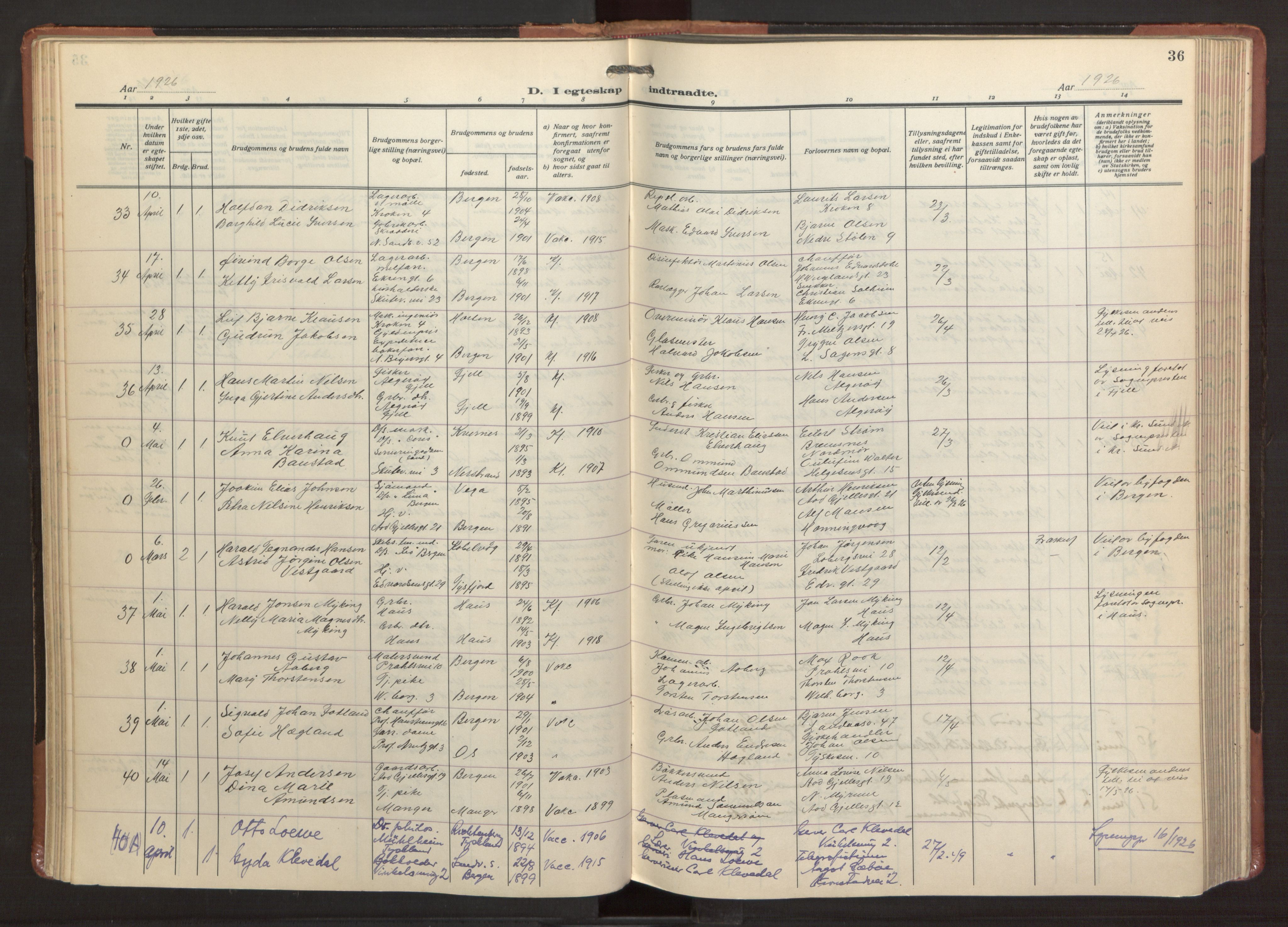 Sandviken Sokneprestembete, SAB/A-77601/H/Ha/L0016: Ministerialbok nr. D 3, 1923-1940, s. 36