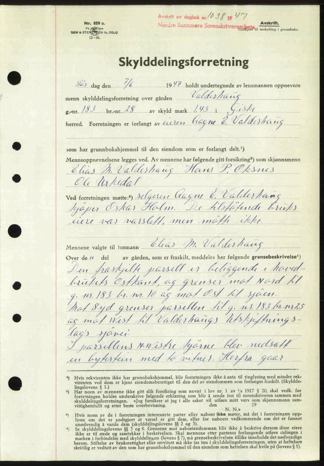 Nordre Sunnmøre sorenskriveri, SAT/A-0006/1/2/2C/2Ca: Pantebok nr. A24, 1947-1947, Dagboknr: 1038/1947