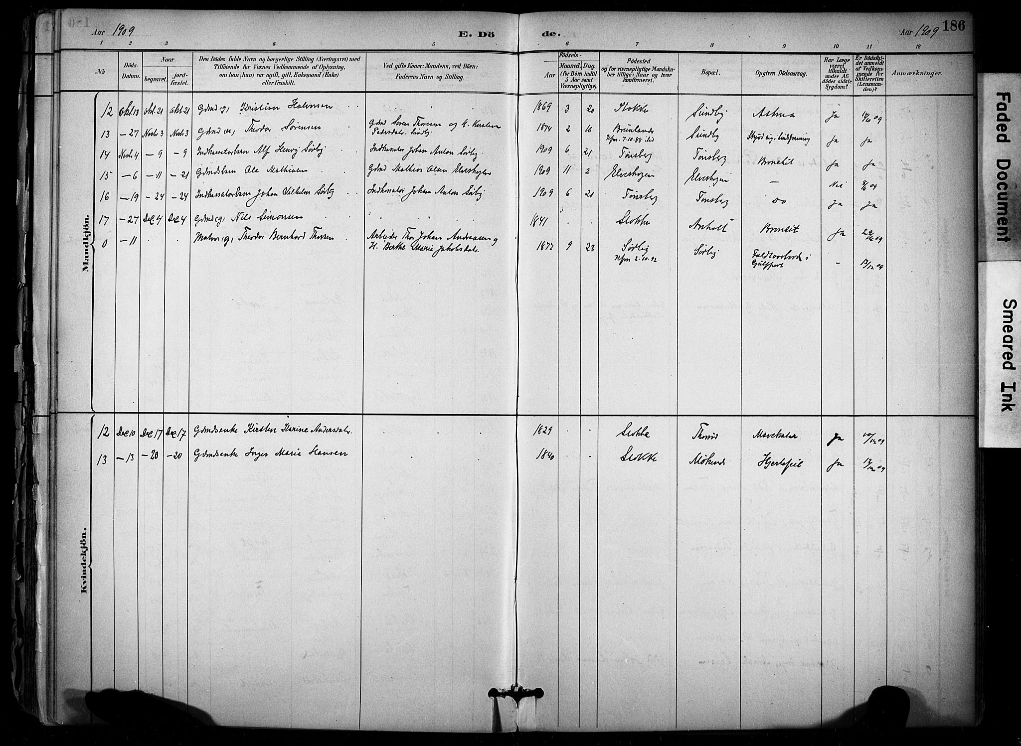 Stokke kirkebøker, AV/SAKO-A-320/F/Fb/L0001: Ministerialbok nr. II 1, 1884-1910, s. 186