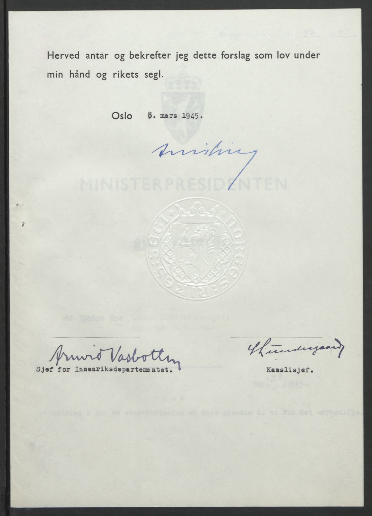 NS-administrasjonen 1940-1945 (Statsrådsekretariatet, de kommisariske statsråder mm), AV/RA-S-4279/D/Db/L0101/0001: -- / Lover og vedtak, 1945, s. 97