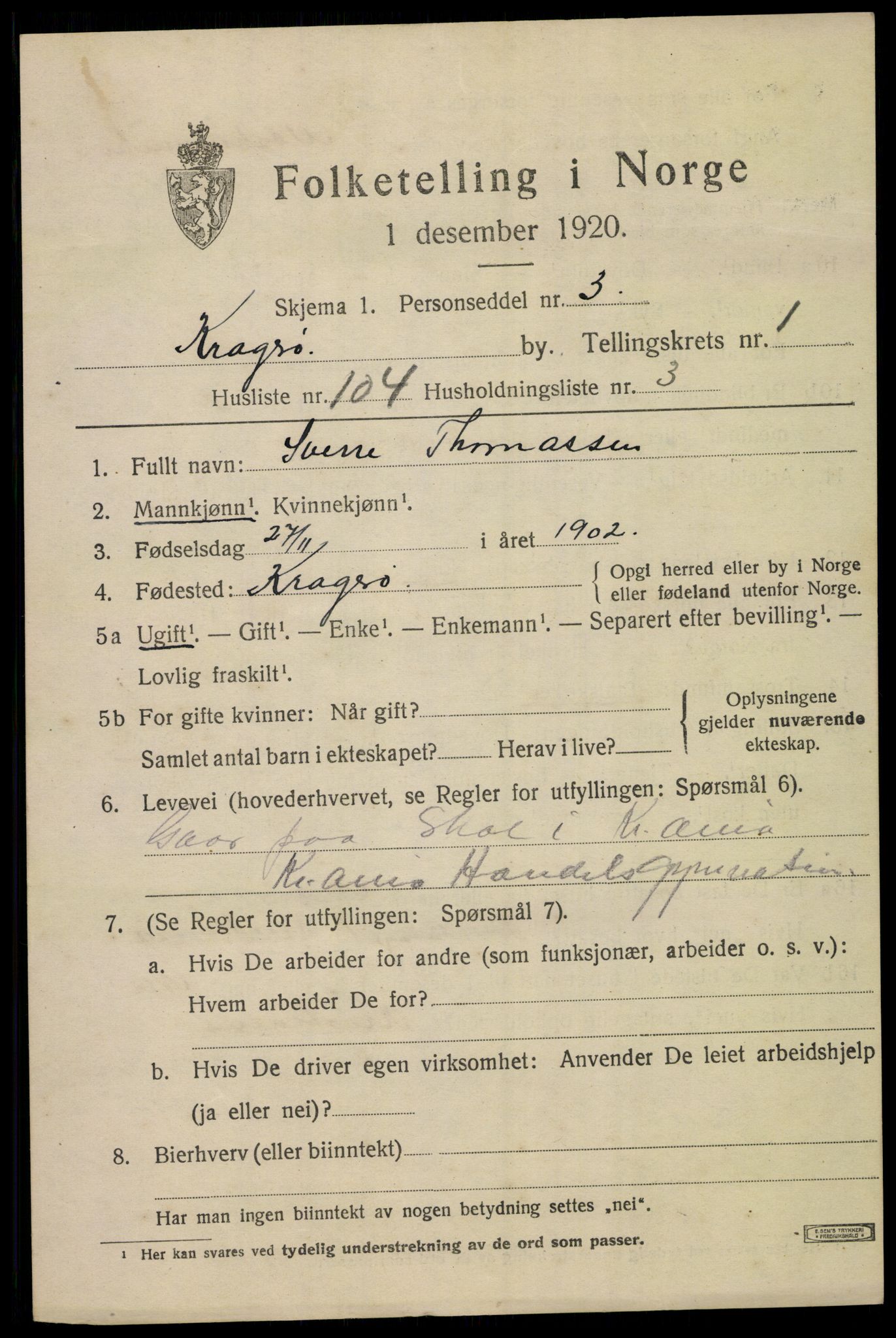 SAKO, Folketelling 1920 for 0801 Kragerø kjøpstad, 1920, s. 5315