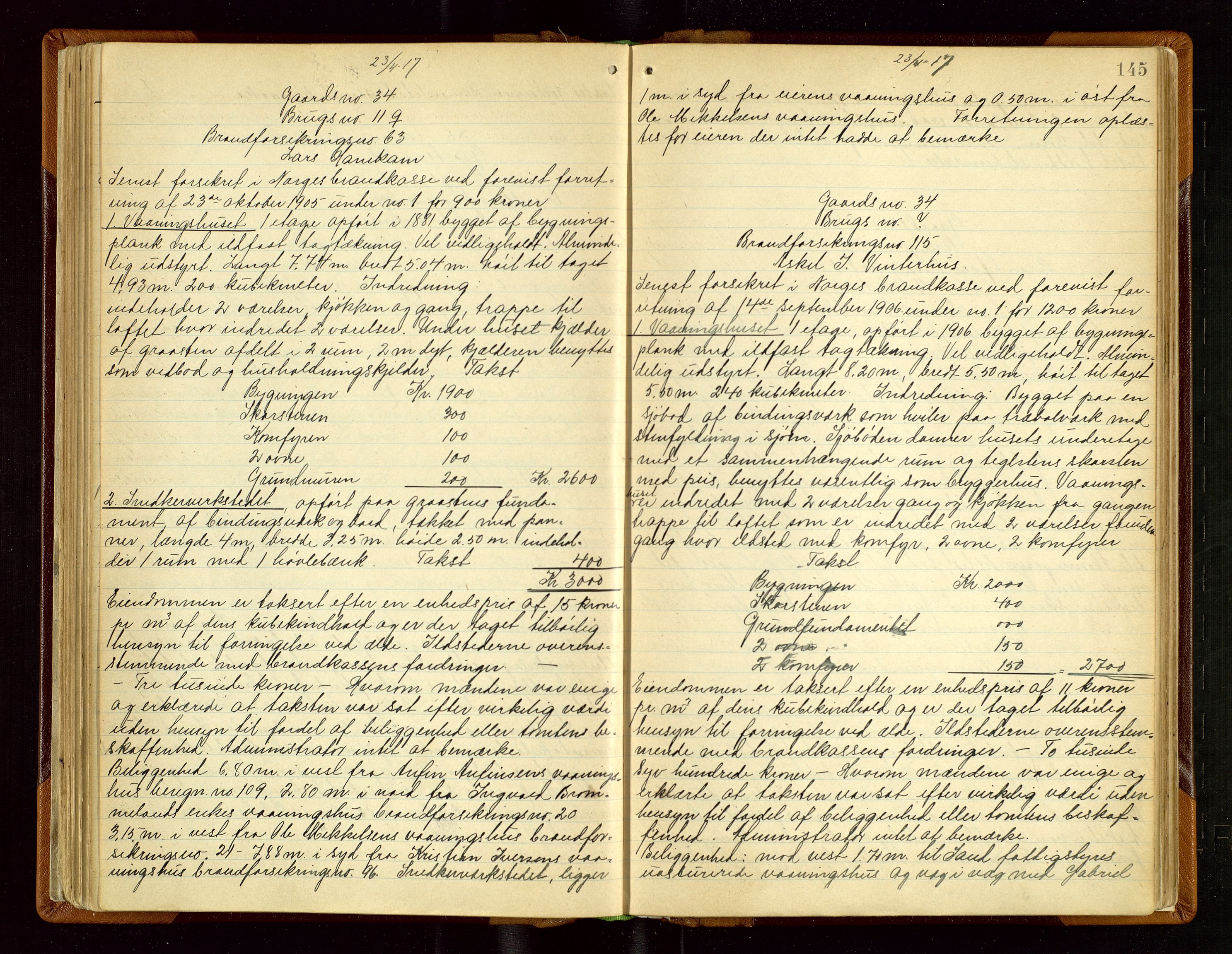 Sand lensmannskontor, AV/SAST-A-100415/Gob/L0003: Branntakstprotokoll, 1893-1936, s. 144b-145a