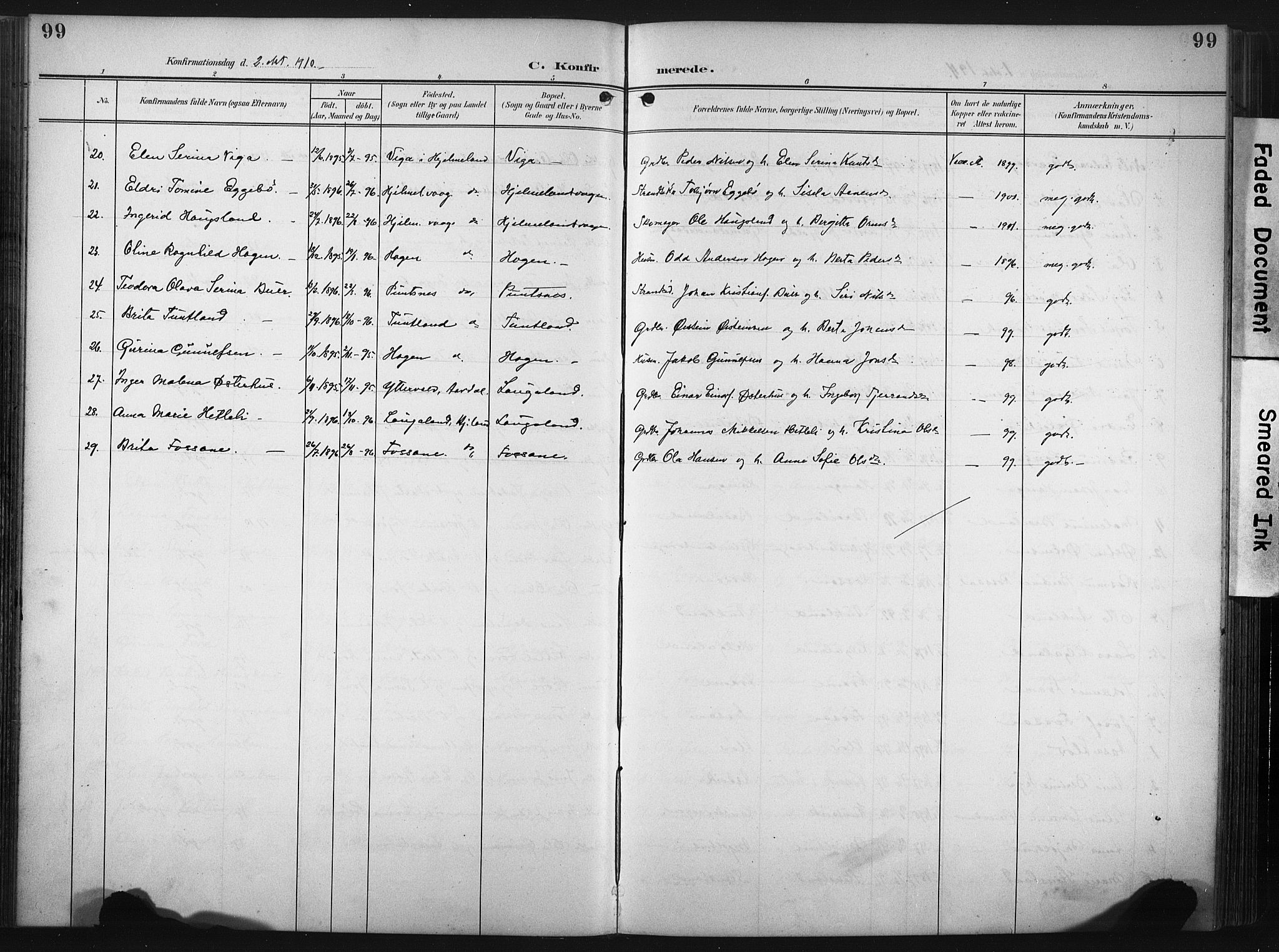 Hjelmeland sokneprestkontor, AV/SAST-A-101843/02/A/L0002: Ministerialbok nr. A 17, 1901-1916, s. 99