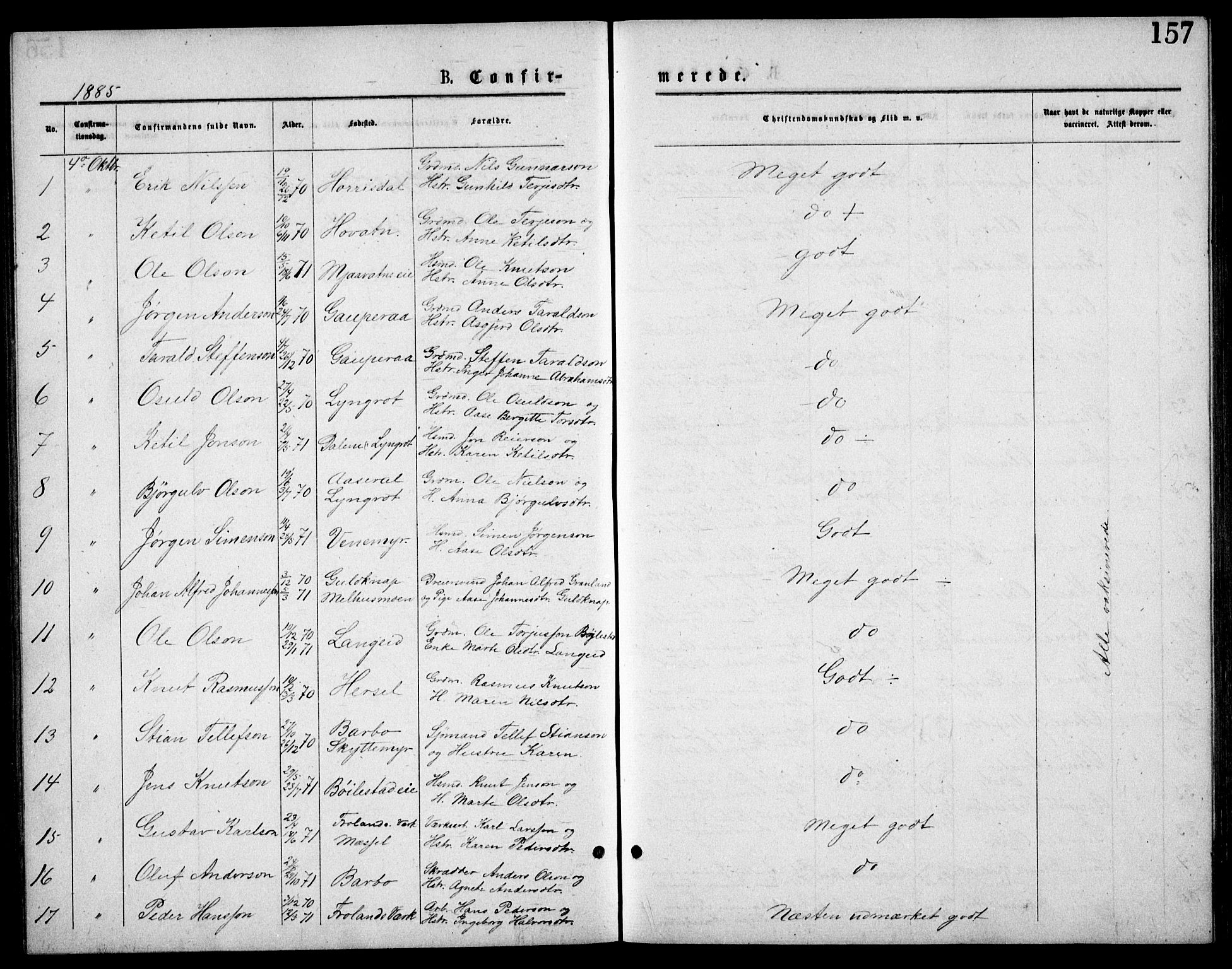 Froland sokneprestkontor, AV/SAK-1111-0013/F/Fb/L0009: Klokkerbok nr. B 9, 1875-1893, s. 157
