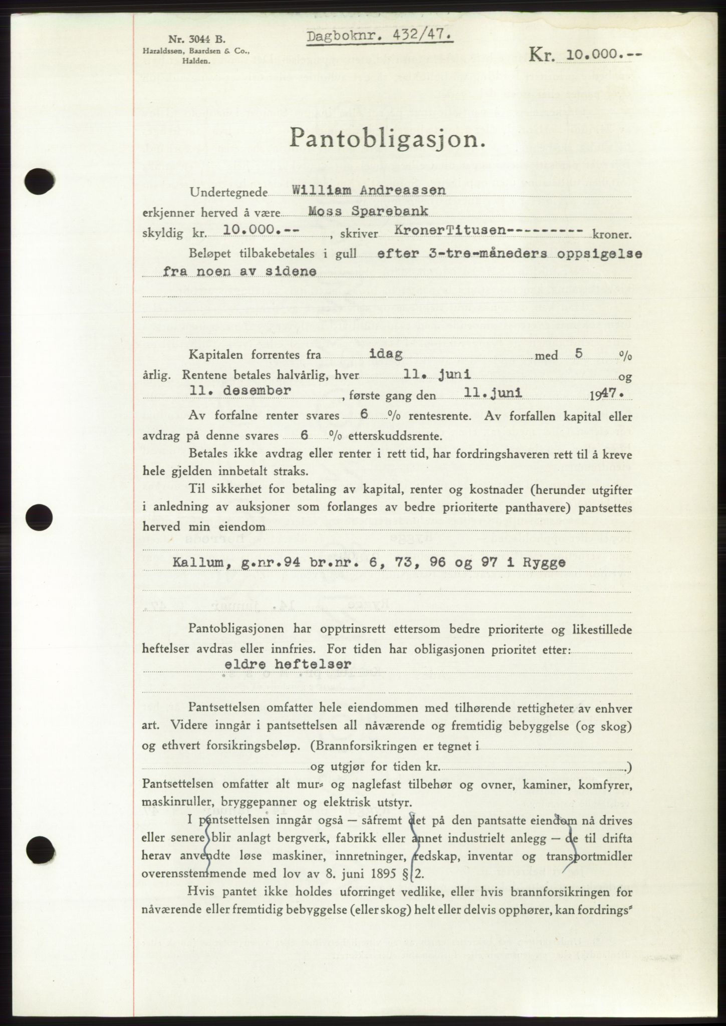 Moss sorenskriveri, SAO/A-10168: Pantebok nr. B16, 1946-1947, Dagboknr: 432/1947