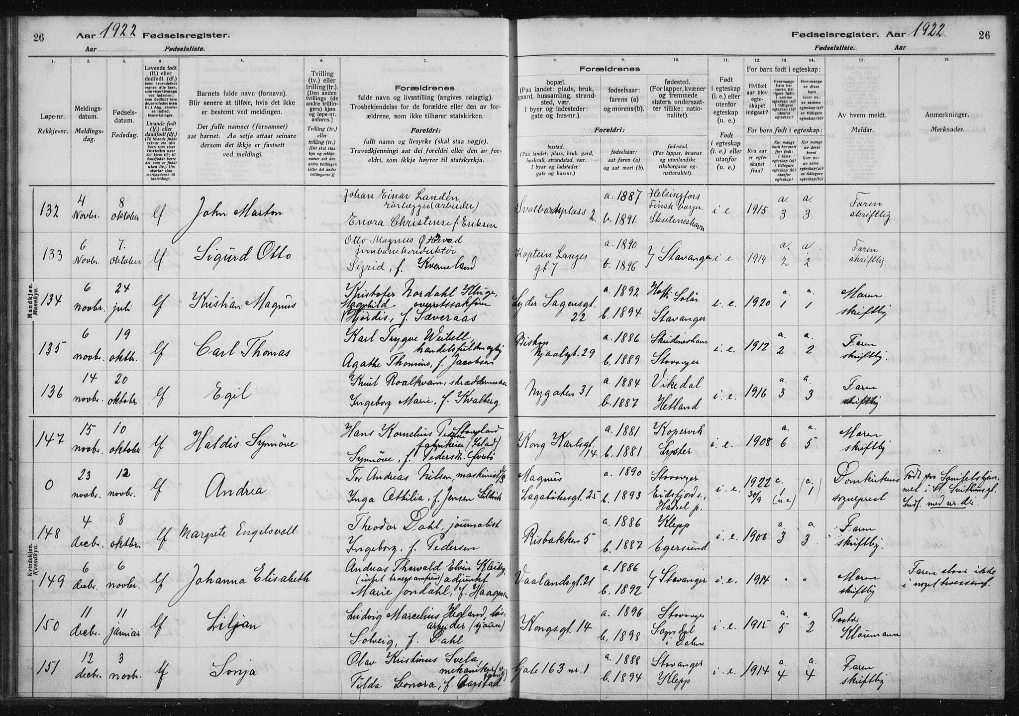 St. Petri sokneprestkontor, AV/SAST-A-101813/002/A/L0002: Fødselsregister nr. 2, 1922-1929, s. 26