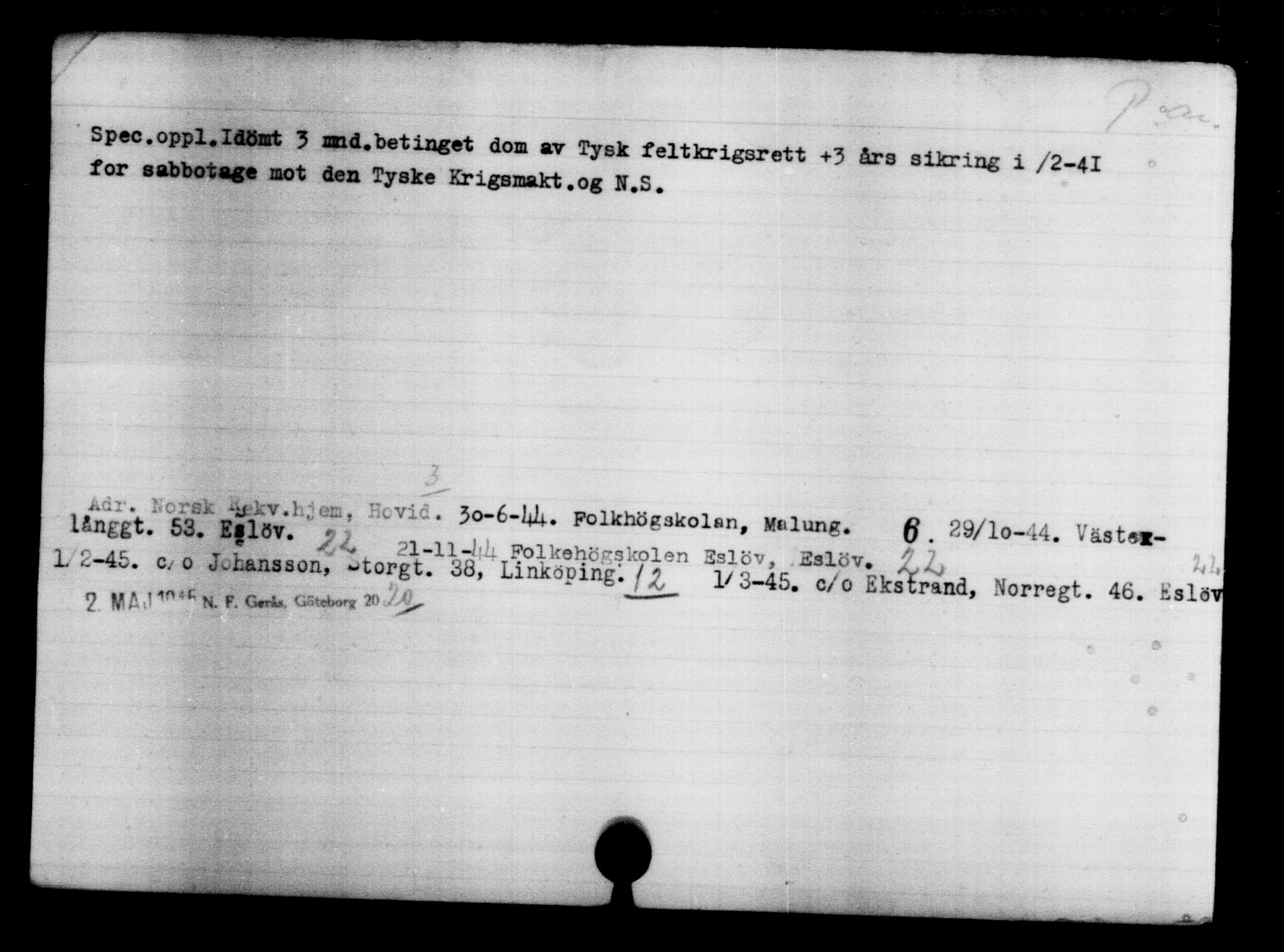 Utenriksstasjonene, Legasjonen i Stockholm, Flyktningkontoret, AV/RA-S-6753/V/Va/L0004: Kjesäterkartoteket, flyktninger med registreringsnr. 3496-6610, 1940-1945, s. 858
