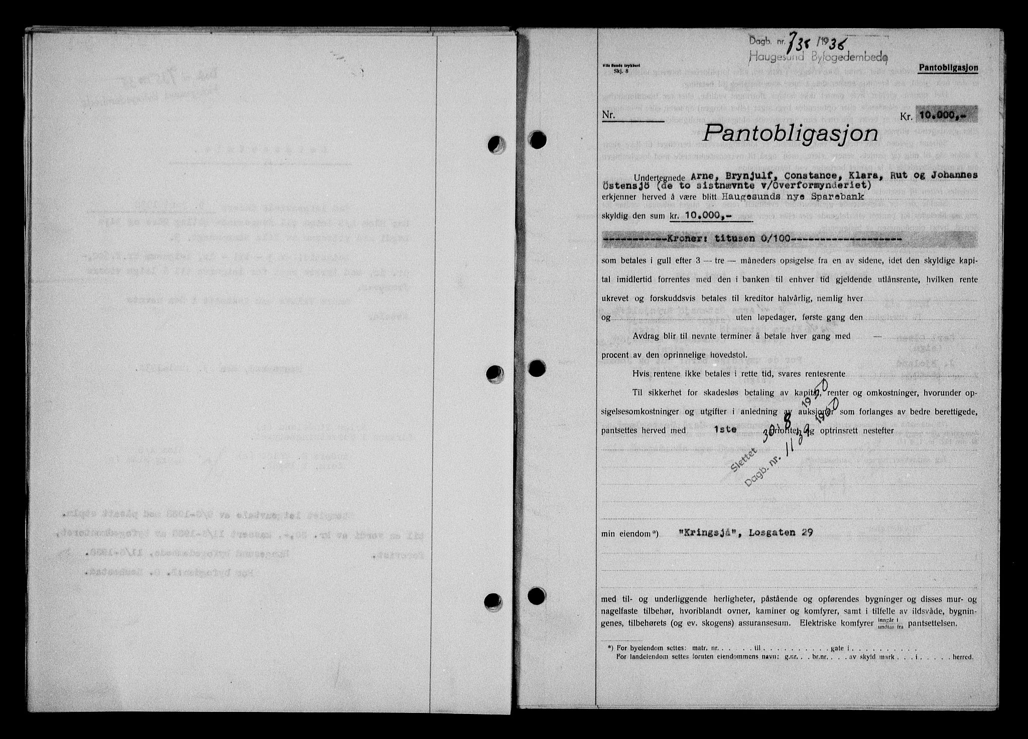 Haugesund tingrett, SAST/A-101415/01/II/IIC/L0032: Pantebok nr. 32, 1938-1939, Dagboknr: 738/1938