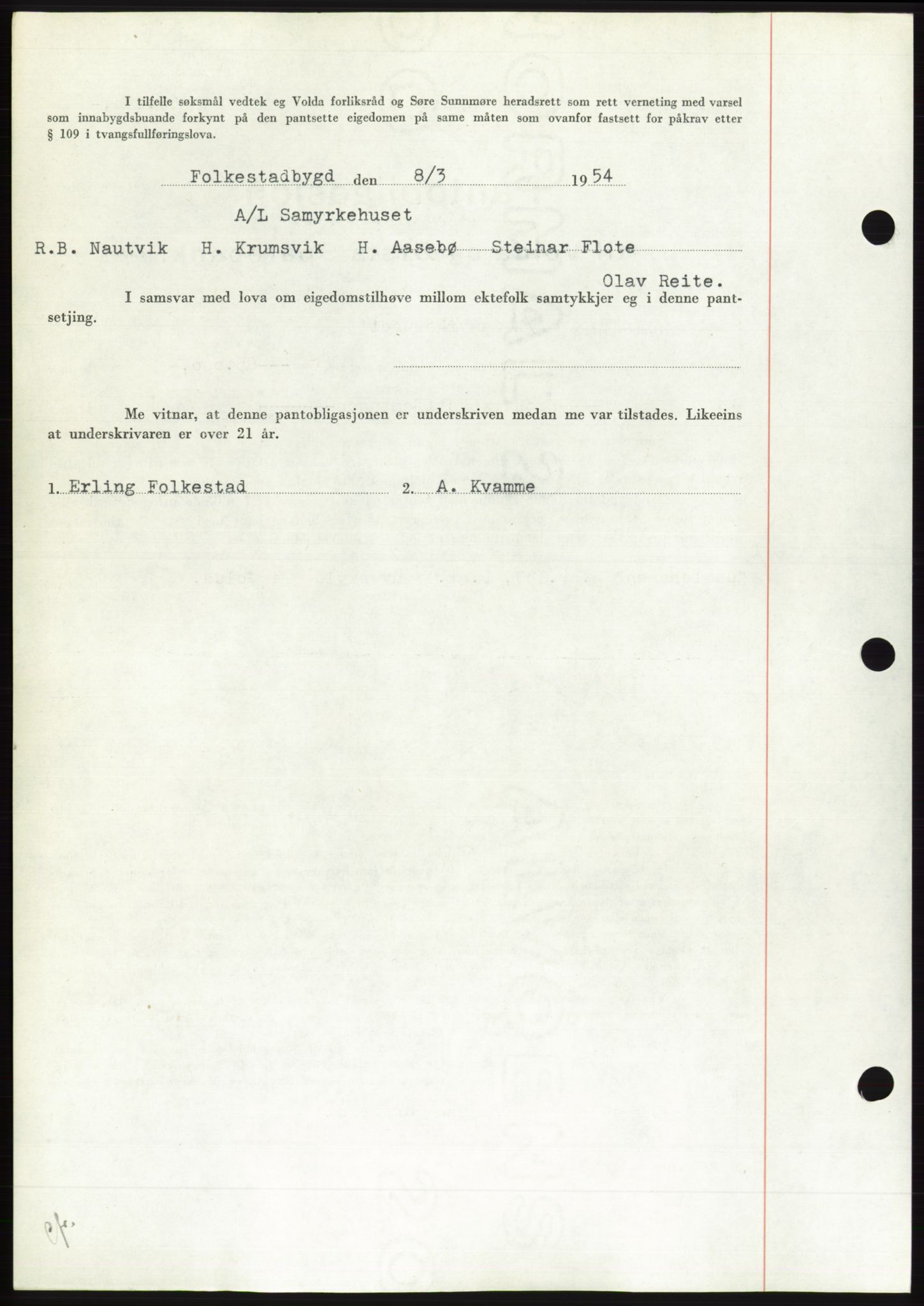 Søre Sunnmøre sorenskriveri, AV/SAT-A-4122/1/2/2C/L0124: Pantebok nr. 12B, 1953-1954, Dagboknr: 620/1954