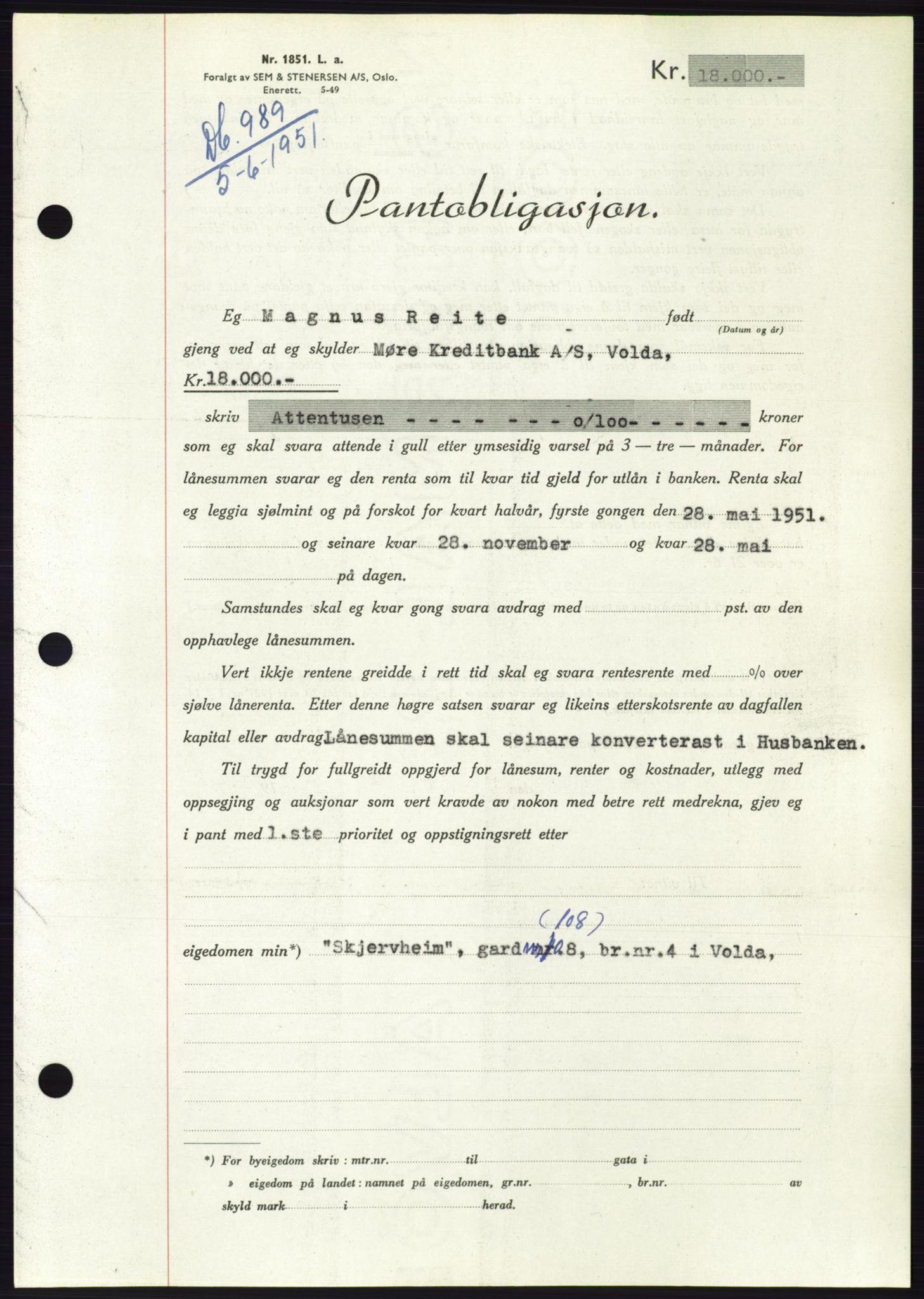 Søre Sunnmøre sorenskriveri, AV/SAT-A-4122/1/2/2C/L0120: Pantebok nr. 8B, 1951-1951, Dagboknr: 989/1951