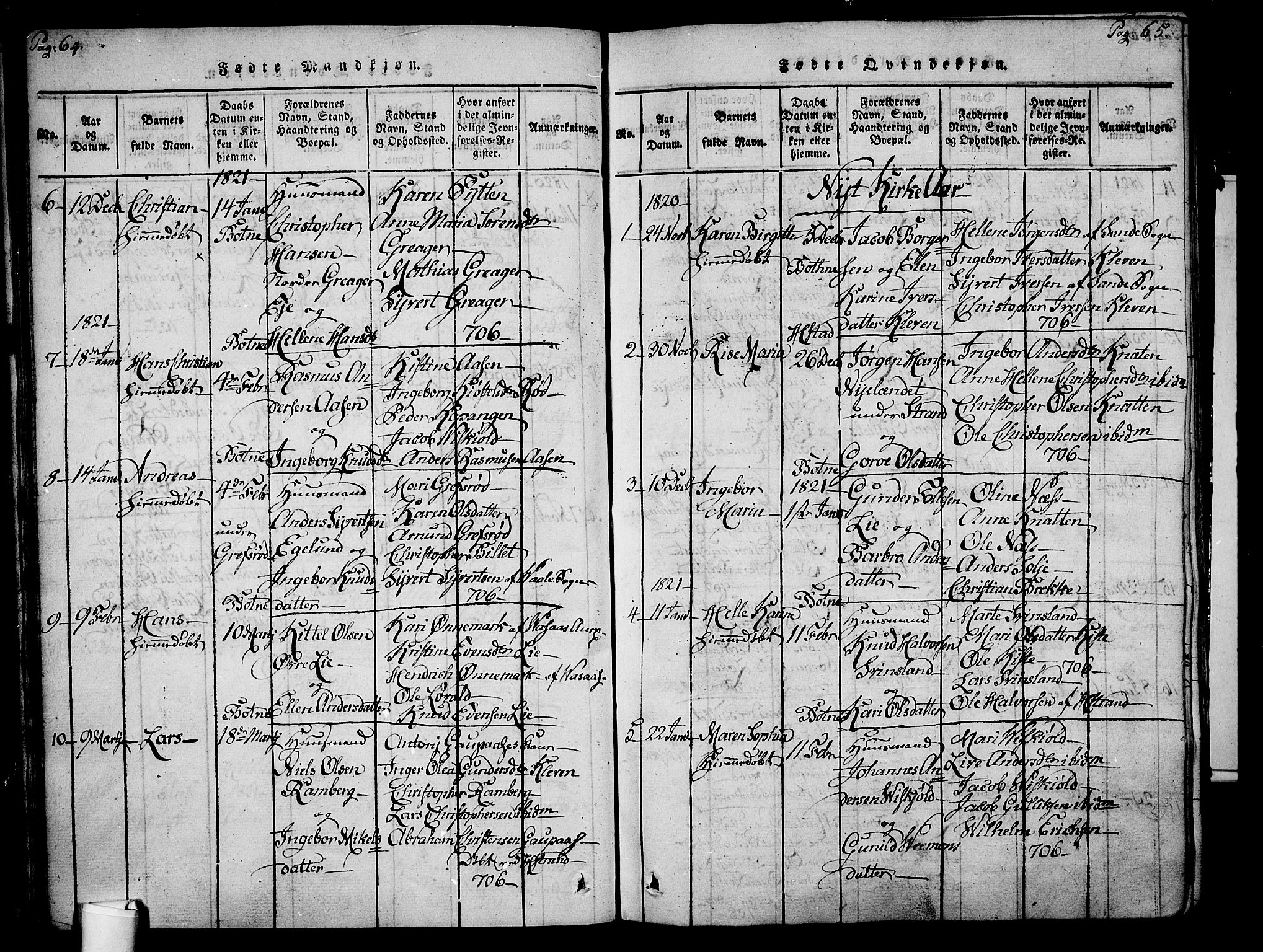 Botne kirkebøker, SAKO/A-340/F/Fa/L0005: Ministerialbok nr. I 5, 1814-1836, s. 64-65