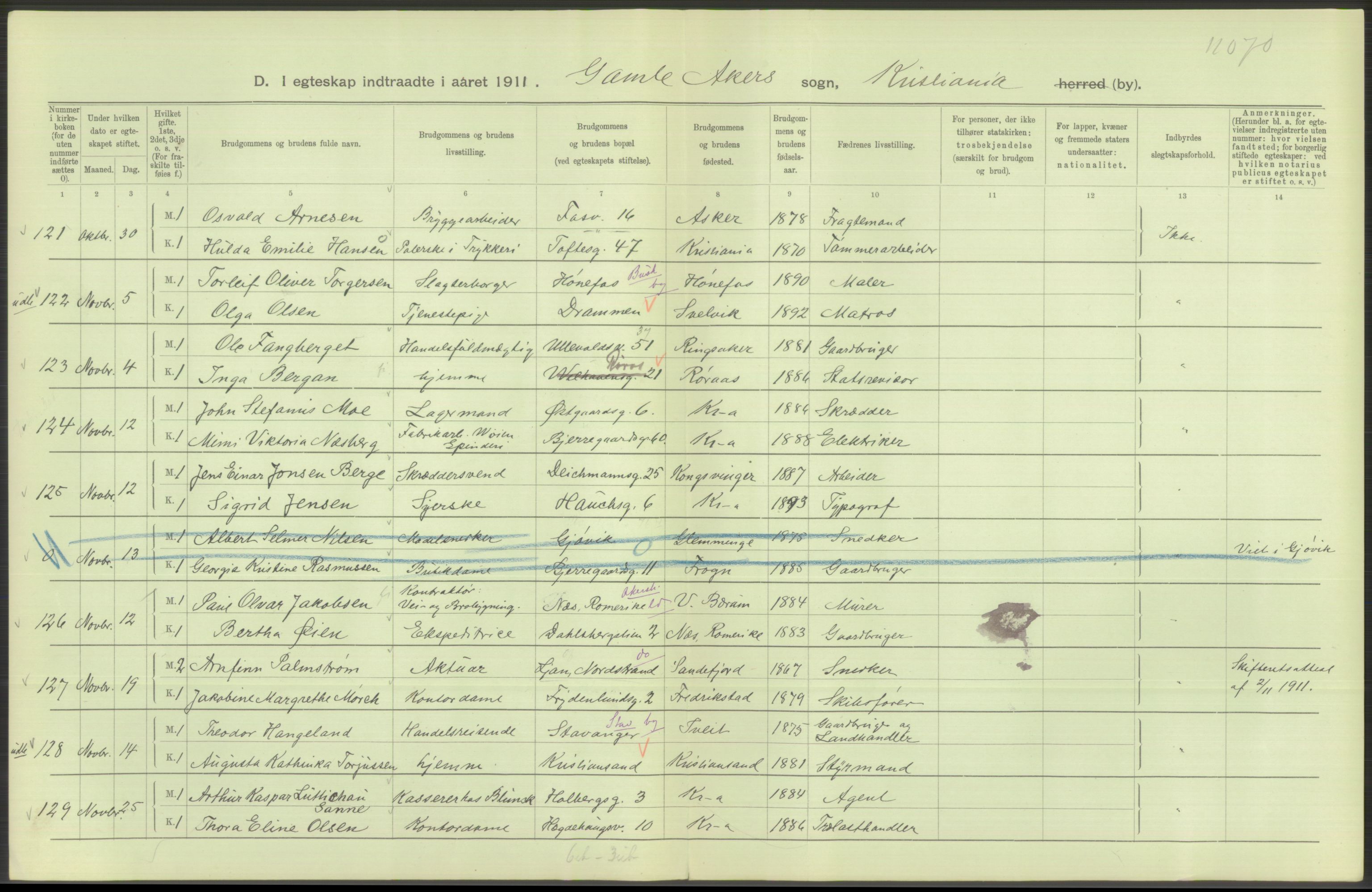 Statistisk sentralbyrå, Sosiodemografiske emner, Befolkning, AV/RA-S-2228/D/Df/Dfb/Dfba/L0008: Kristiania: Gifte, 1911, s. 650