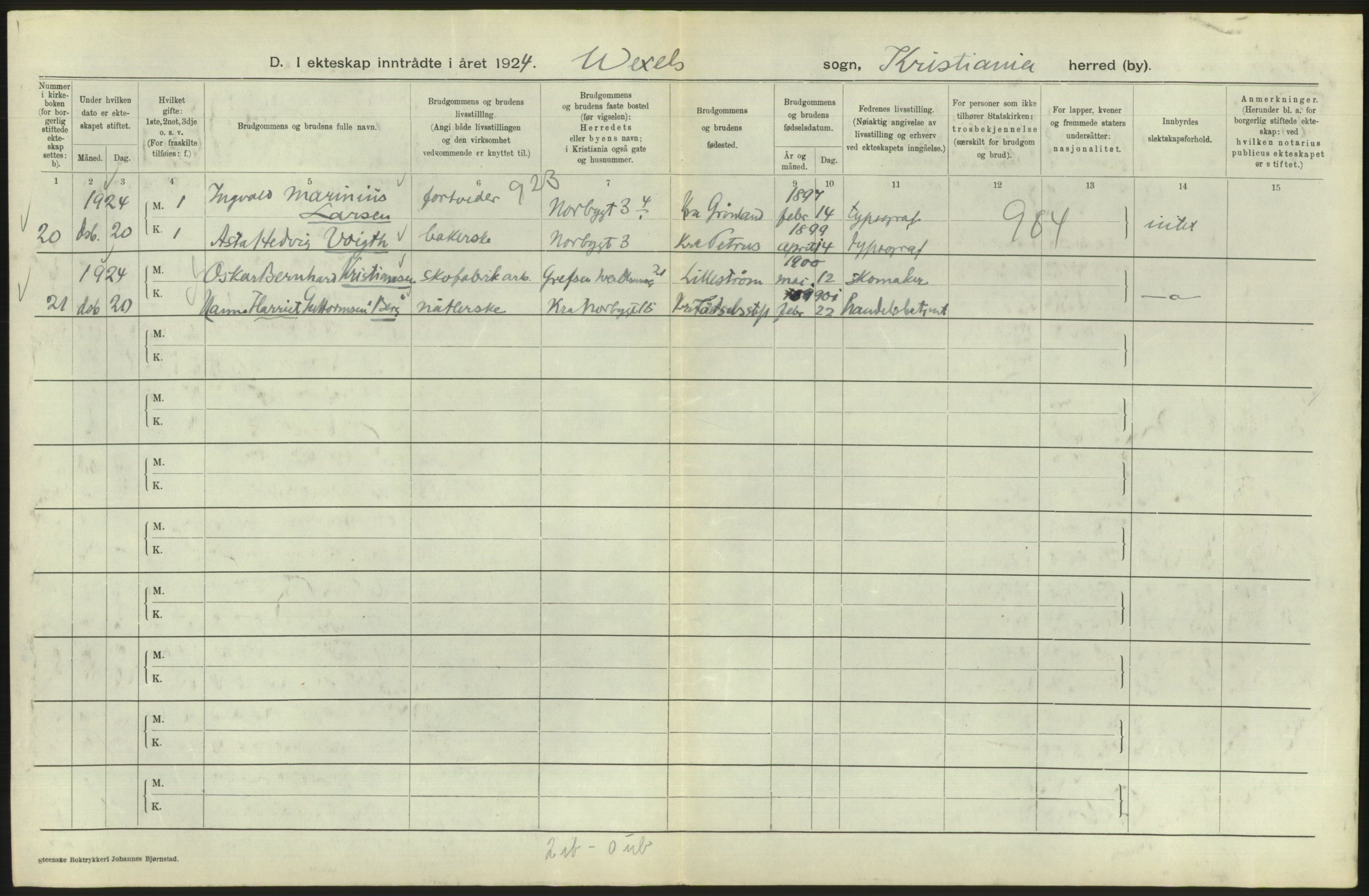 Statistisk sentralbyrå, Sosiodemografiske emner, Befolkning, AV/RA-S-2228/D/Df/Dfc/Dfcd/L0007: Kristiania: Gifte, 1924, s. 752