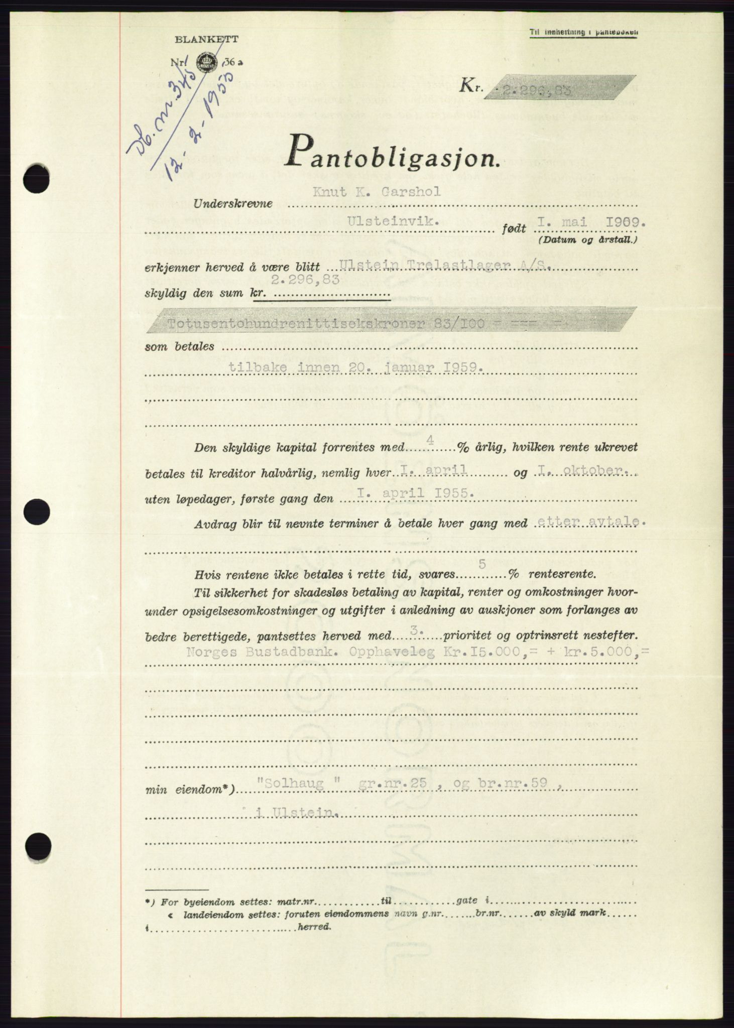 Søre Sunnmøre sorenskriveri, AV/SAT-A-4122/1/2/2C/L0126: Pantebok nr. 14B, 1954-1955, Dagboknr: 345/1955