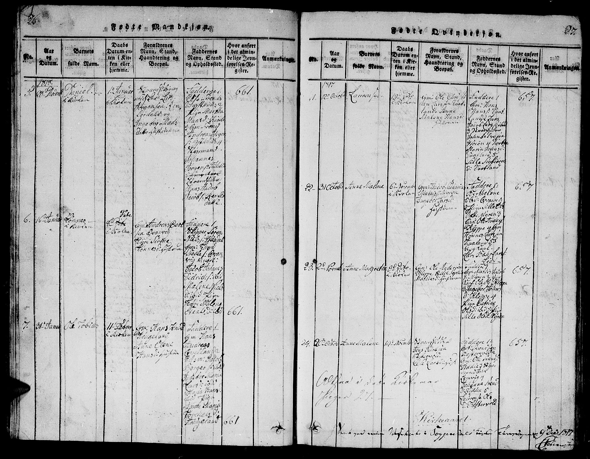 Flekkefjord sokneprestkontor, AV/SAK-1111-0012/F/Fb/Fbb/L0001: Klokkerbok nr. B 1, 1815-1830, s. 26-27