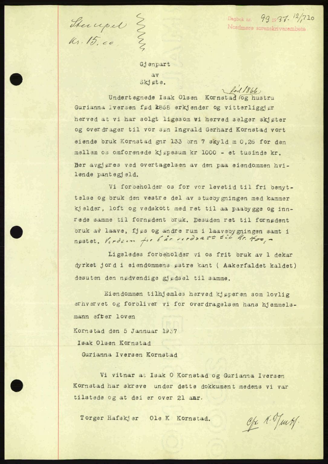 Nordmøre sorenskriveri, SAT/A-4132/1/2/2Ca: Pantebok nr. A80, 1936-1937, Dagboknr: 93/1937