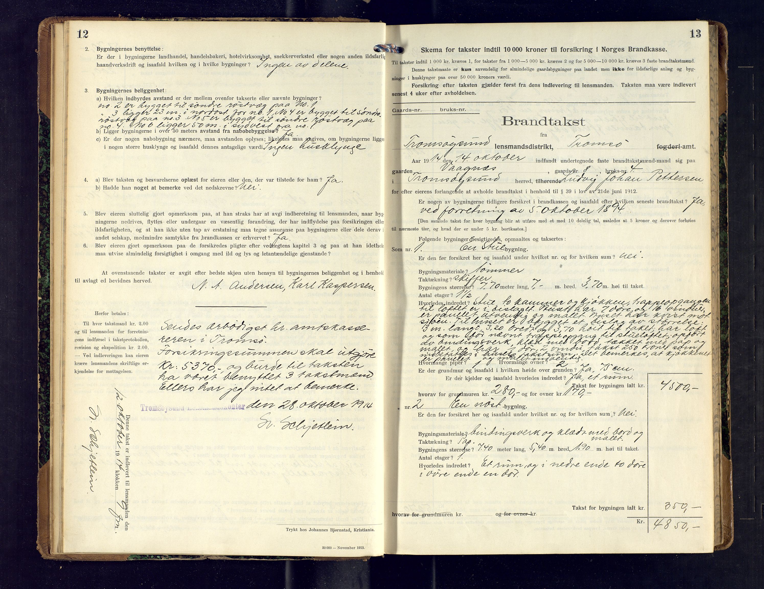 Tromsøysund lensmannskontor, AV/SATØ-SATØ-12/F/Fs/Fsb/L0741: Branntakstprotokoll (S).  Med register, 1914-1916, s. 12-13
