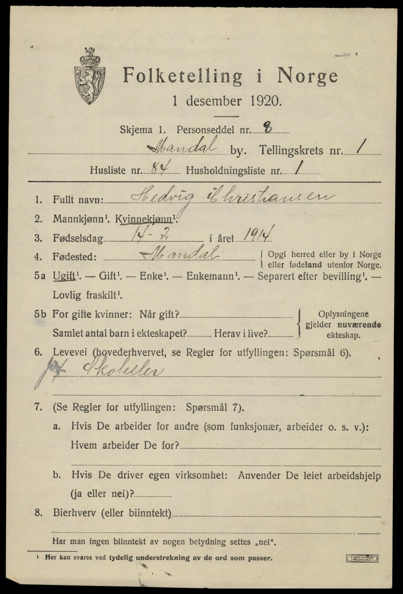 SAK, Folketelling 1920 for 1002 Mandal ladested, 1920, s. 4113