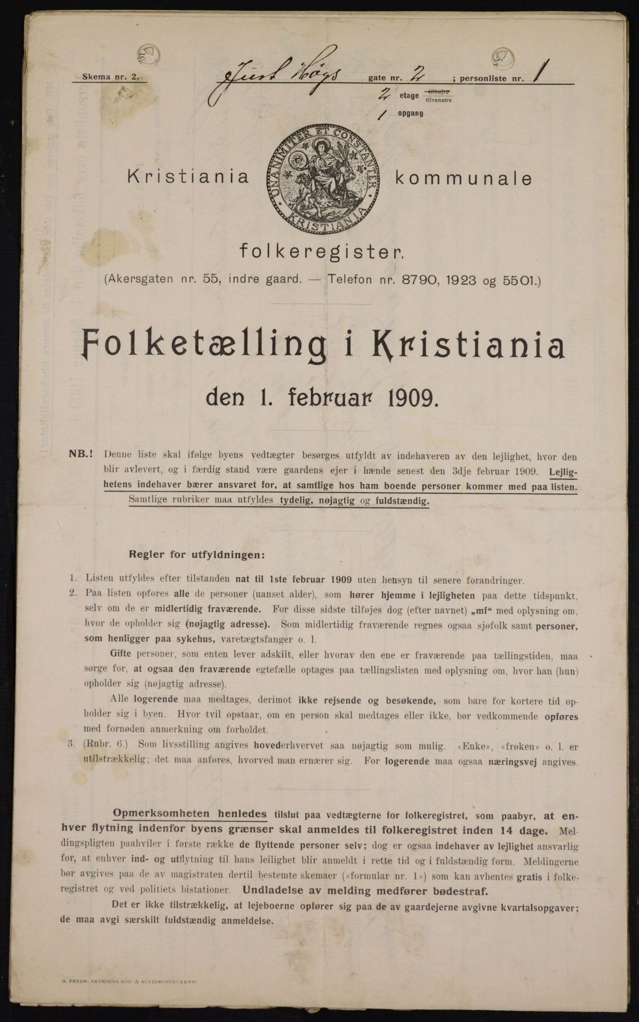 OBA, Kommunal folketelling 1.2.1909 for Kristiania kjøpstad, 1909, s. 43471