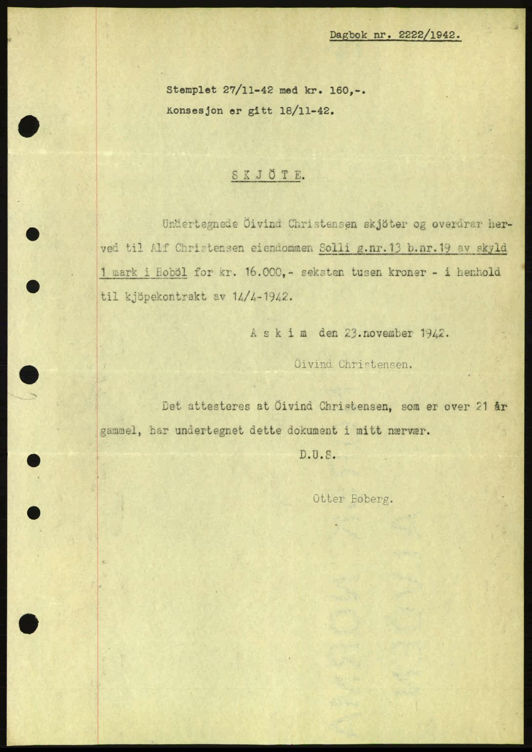 Moss sorenskriveri, SAO/A-10168: Pantebok nr. A10, 1942-1943, Dagboknr: 2222/1942