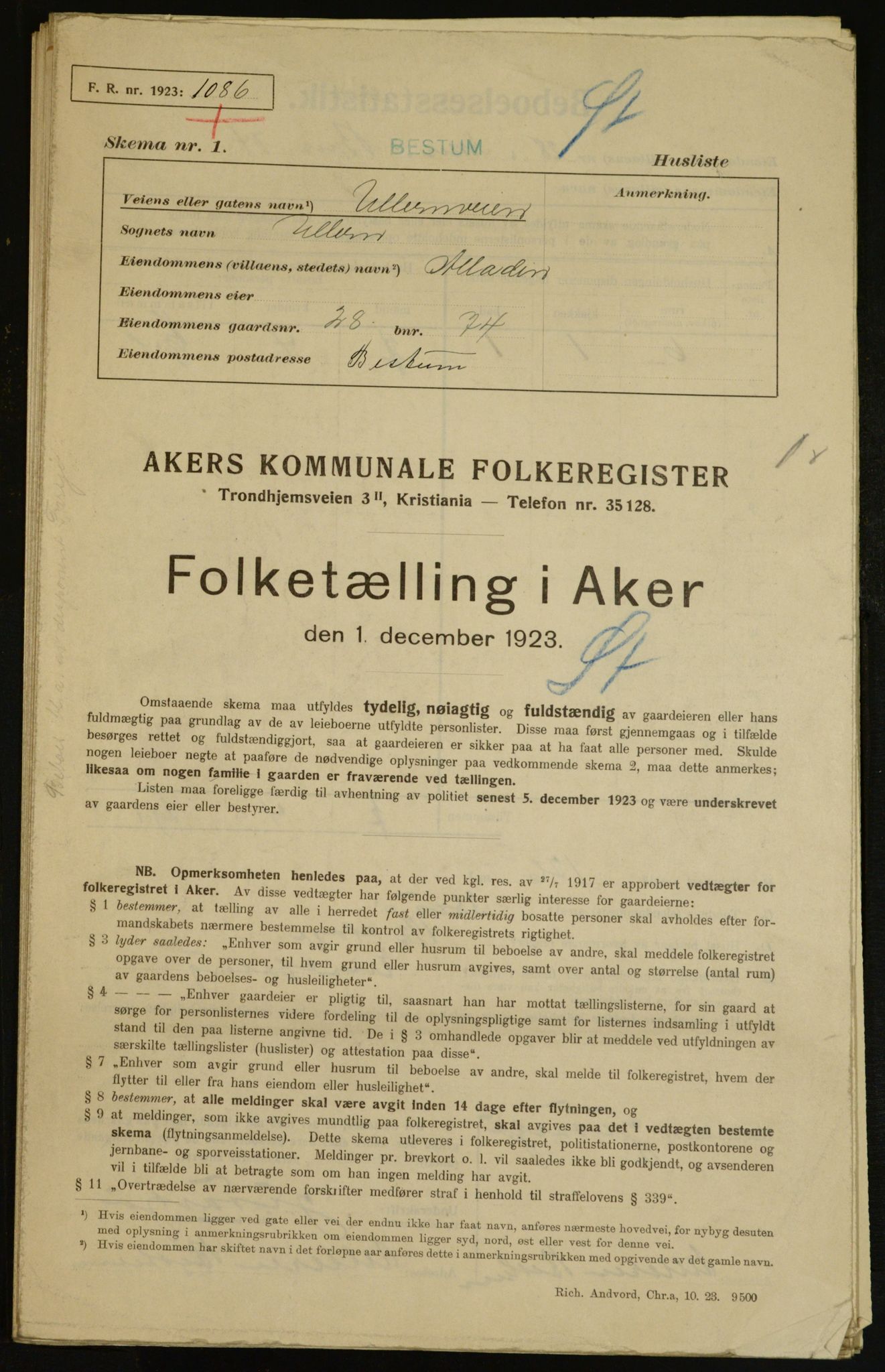 , Kommunal folketelling 1.12.1923 for Aker, 1923, s. 6577