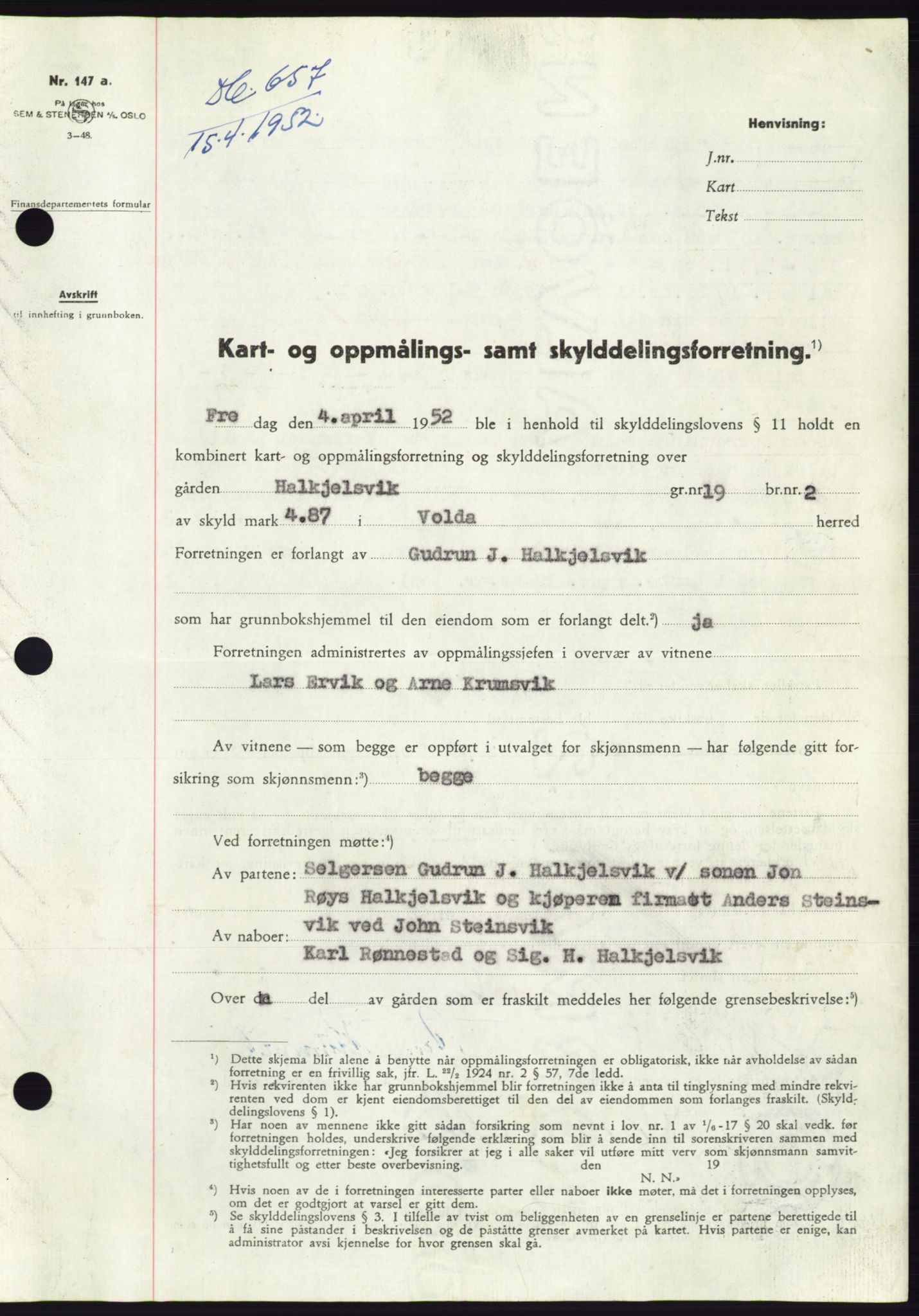Søre Sunnmøre sorenskriveri, SAT/A-4122/1/2/2C/L0091: Pantebok nr. 17A, 1951-1952, Dagboknr: 657/1952