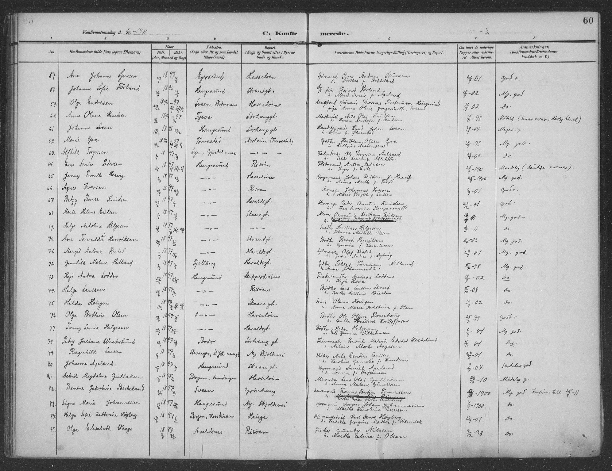 Haugesund sokneprestkontor, AV/SAST-A -101863/H/Ha/Haa/L0007: Ministerialbok nr. A 7, 1904-1916, s. 60