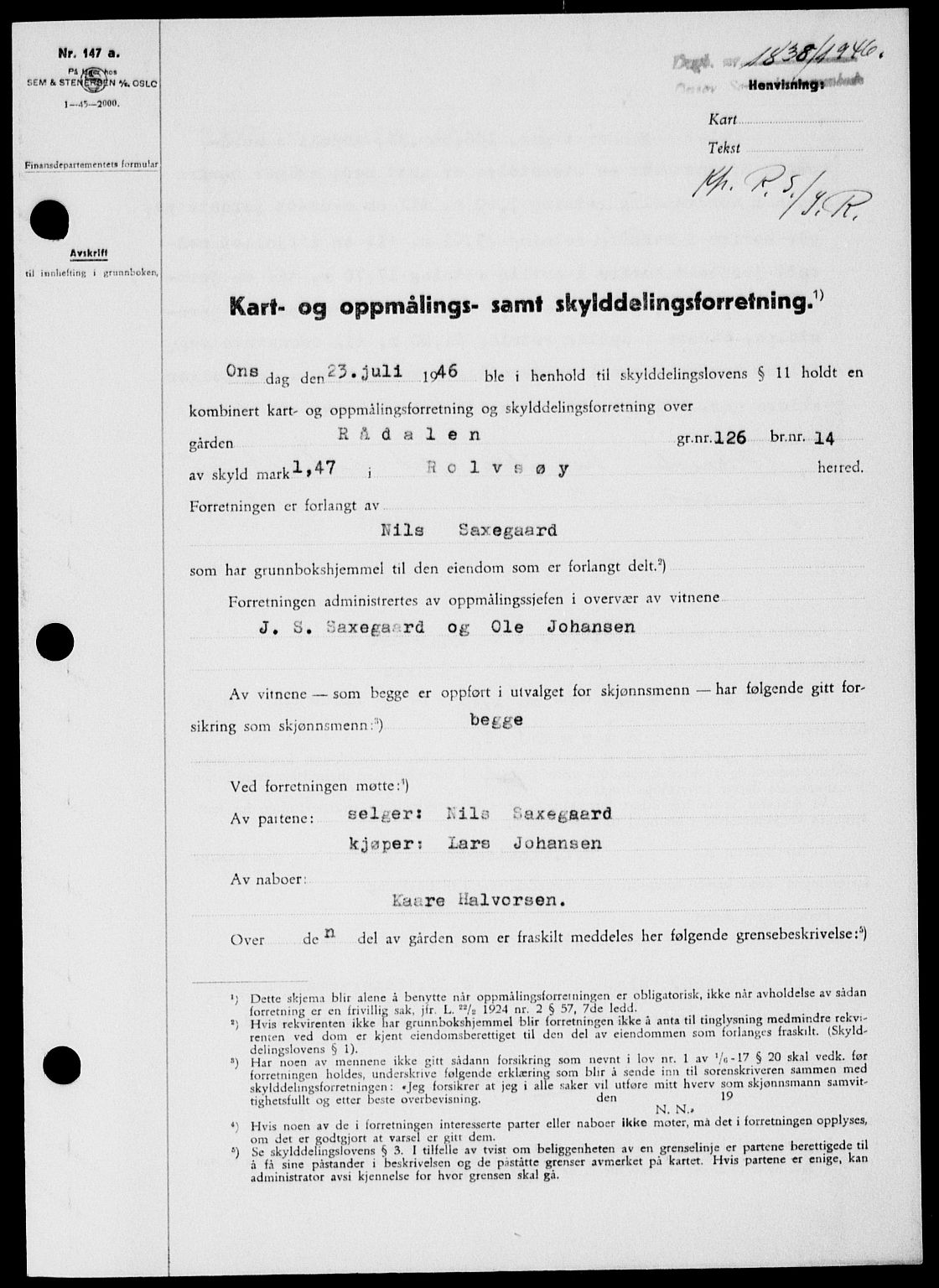 Onsøy sorenskriveri, SAO/A-10474/G/Ga/Gab/L0016: Pantebok nr. II A-16, 1946-1946, Dagboknr: 1838/1946