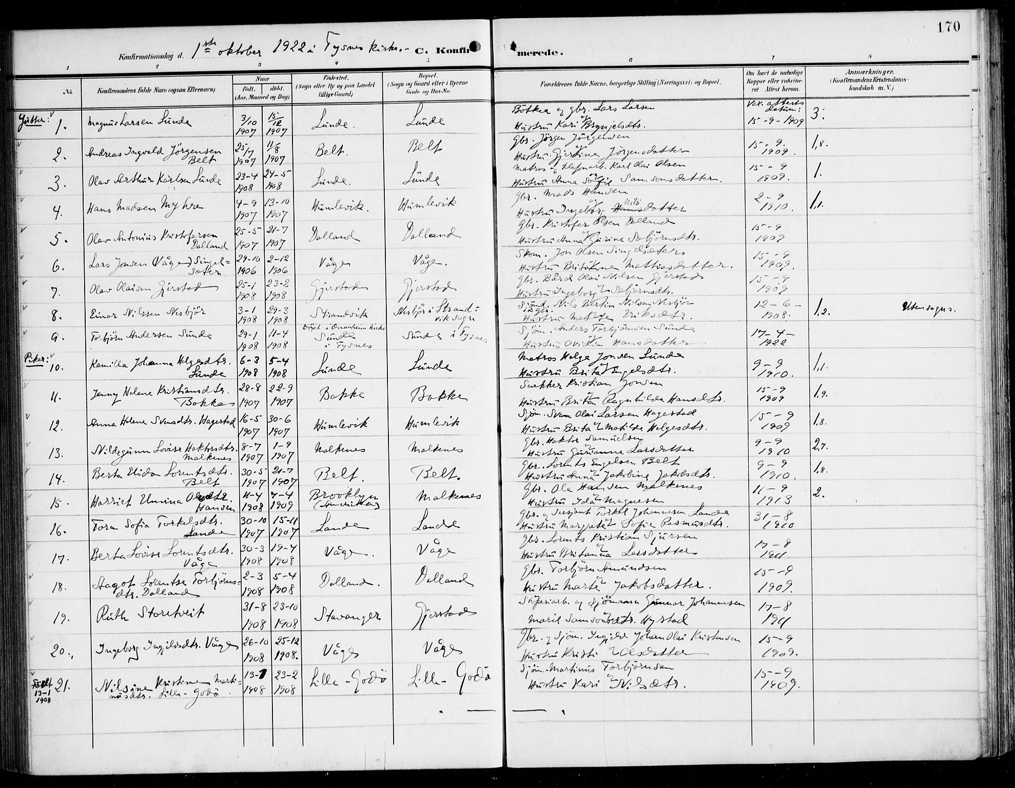 Tysnes sokneprestembete, AV/SAB-A-78601/H/Haa: Ministerialbok nr. B 2, 1907-1925, s. 170