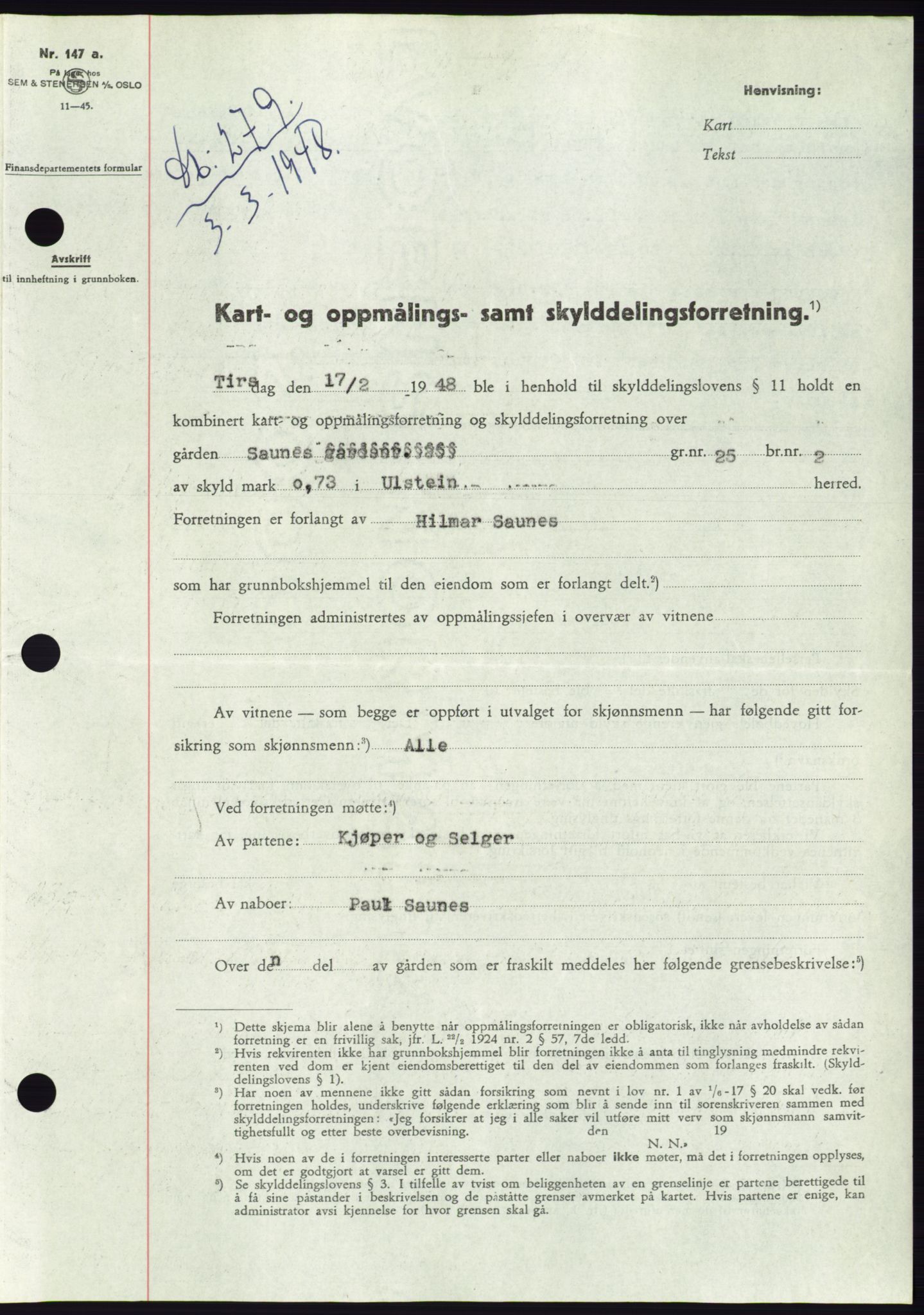 Søre Sunnmøre sorenskriveri, SAT/A-4122/1/2/2C/L0082: Pantebok nr. 8A, 1948-1948, Dagboknr: 279/1948