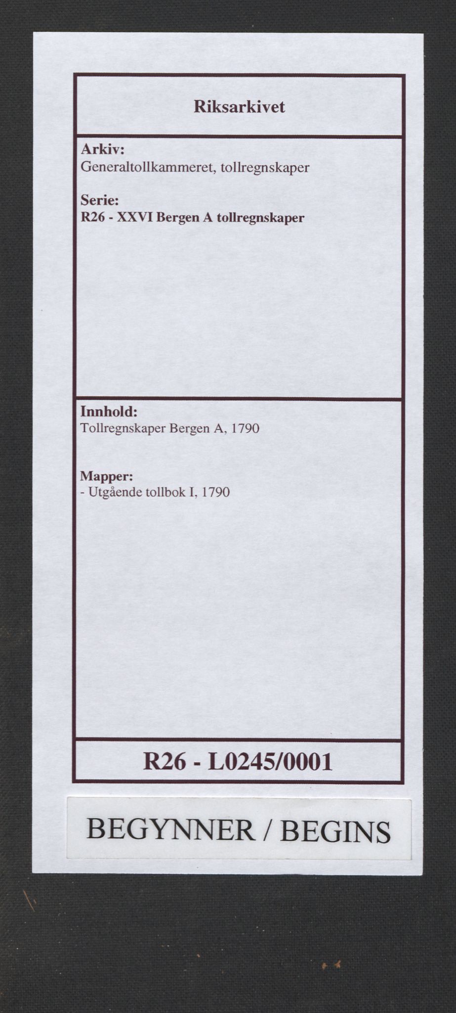 Generaltollkammeret, tollregnskaper, RA/EA-5490/R26/L0245/0001: Tollregnskaper Bergen A / Utgående tollbok I, 1790
