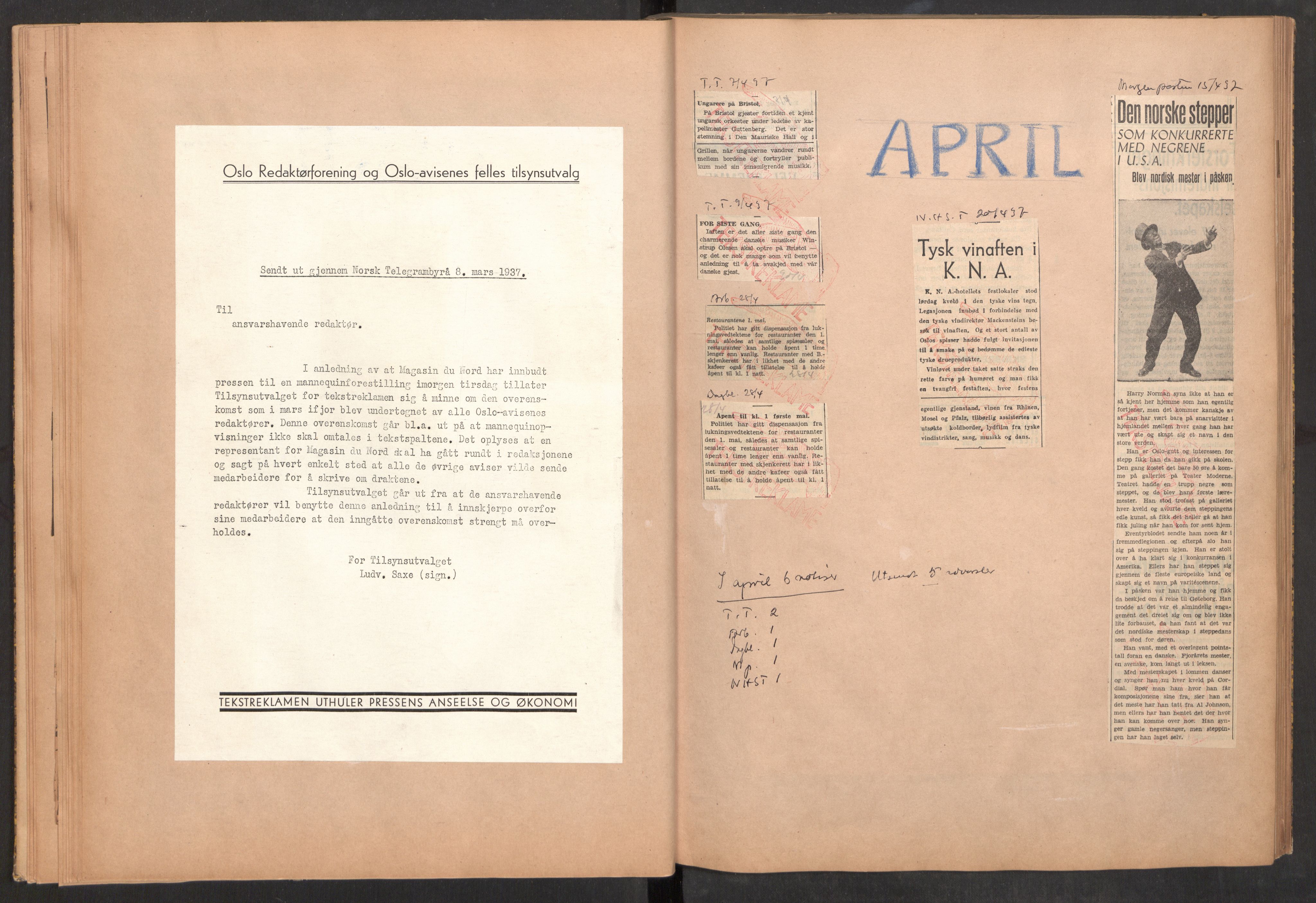 Tekstreklameutvalget, AV/RA-PA-0854/A/Aa/L0009: Meldinger til avisene, avisutklipp stemplet med den røde hånd, 1936-1938