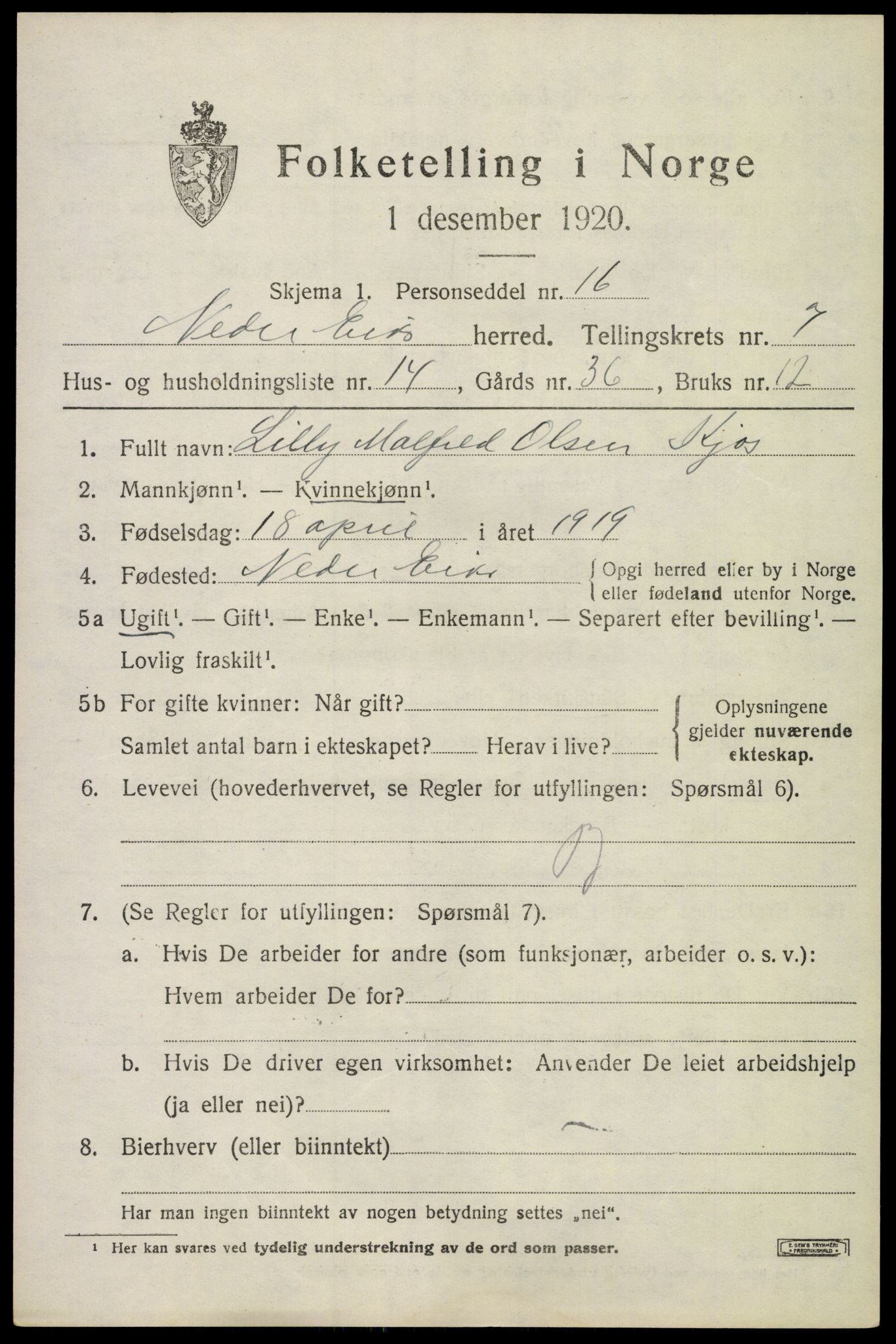 SAKO, Folketelling 1920 for 0625 Nedre Eiker herred, 1920, s. 7597