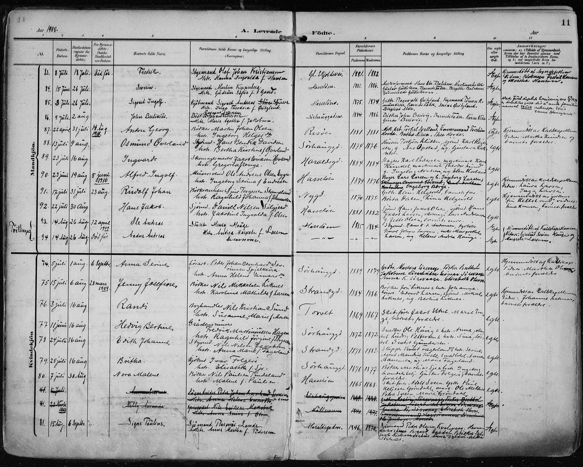 Haugesund sokneprestkontor, AV/SAST-A -101863/H/Ha/Haa/L0008: Ministerialbok nr. A 8, 1908-1921, s. 11