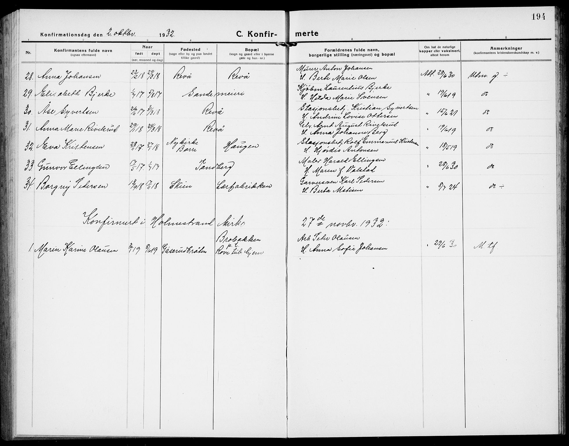 Sande Kirkebøker, AV/SAKO-A-53/G/Ga/L0005: Klokkerbok nr. 5, 1919-1937, s. 194
