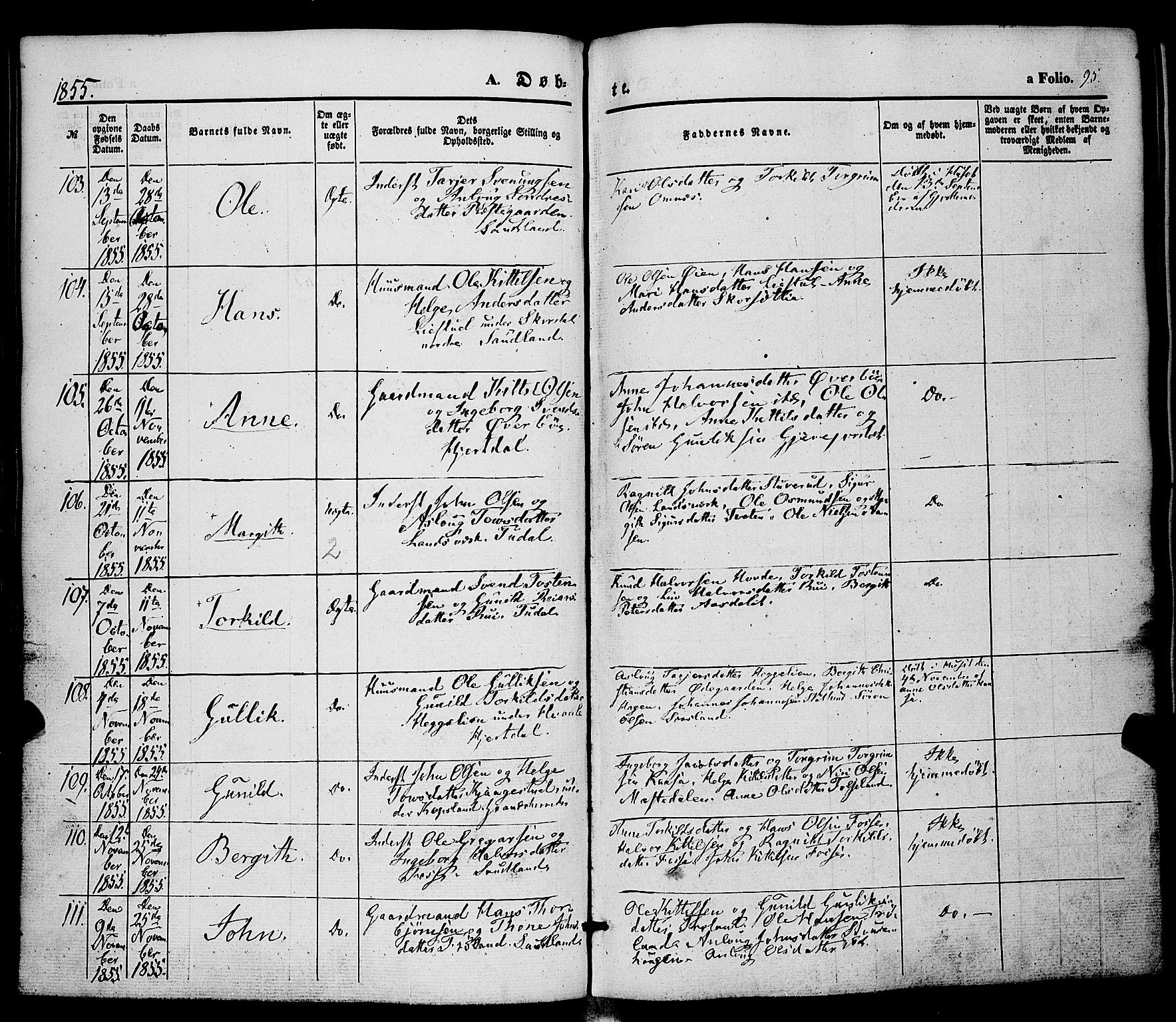 Hjartdal kirkebøker, AV/SAKO-A-270/F/Fa/L0008: Ministerialbok nr. I 8, 1844-1859, s. 95