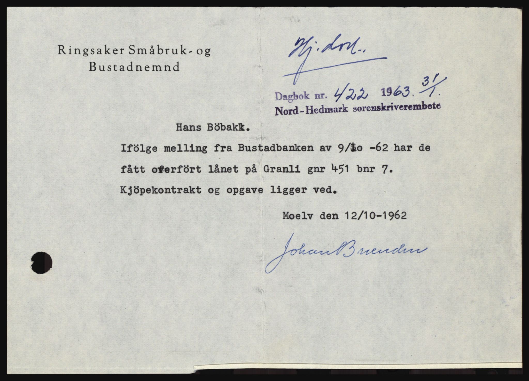 Nord-Hedmark sorenskriveri, SAH/TING-012/H/Hc/L0017: Pantebok nr. 17, 1962-1963, Dagboknr: 422/1963