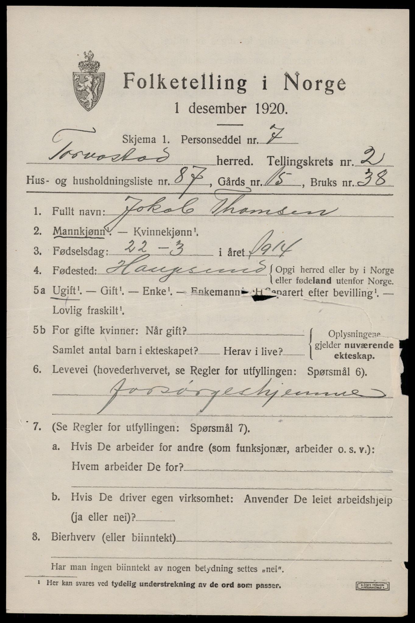 SAST, Folketelling 1920 for 1152 Torvastad herred, 1920, s. 2914