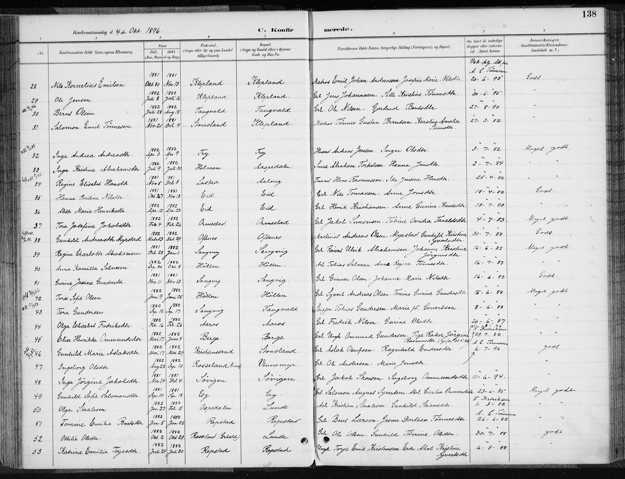 Søgne sokneprestkontor, SAK/1111-0037/F/Fa/Fab/L0013: Ministerialbok nr. A 13, 1892-1911, s. 138