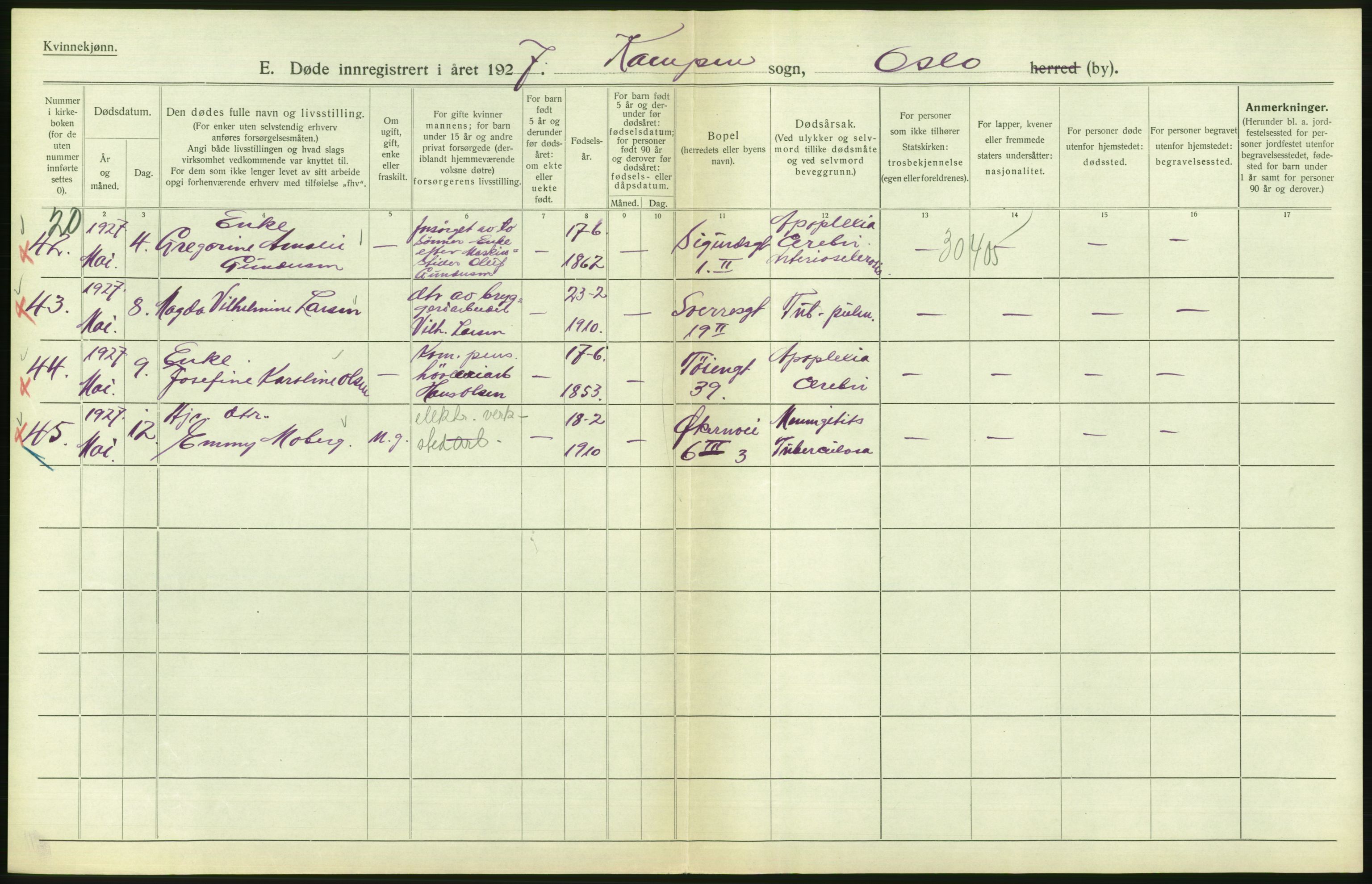 Statistisk sentralbyrå, Sosiodemografiske emner, Befolkning, AV/RA-S-2228/D/Df/Dfc/Dfcg/L0010: Oslo: Døde kvinner, dødfødte, 1927, s. 548